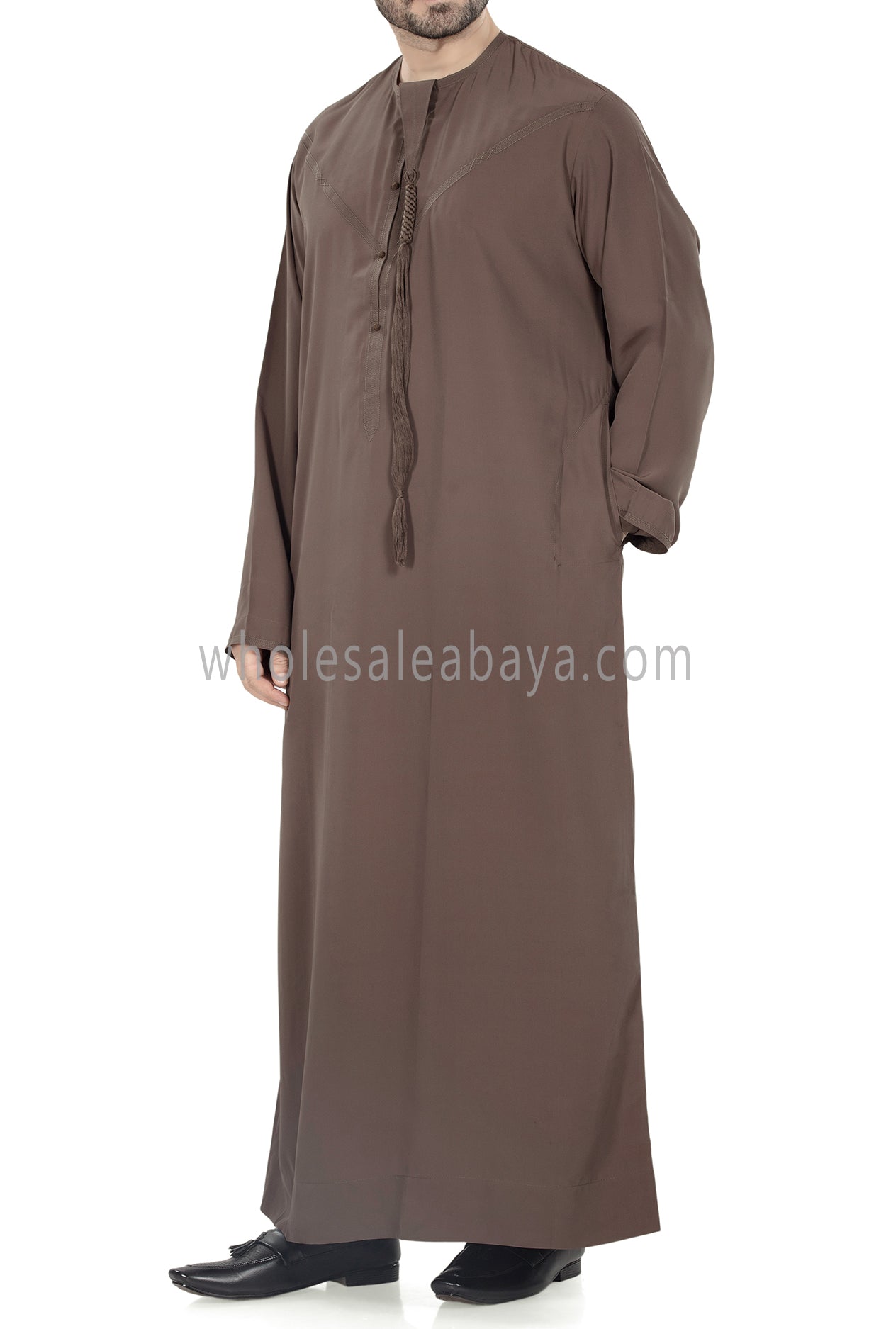 Men's Premium Emirati Thoube  With Buttons & Tassel Mustard Brown
