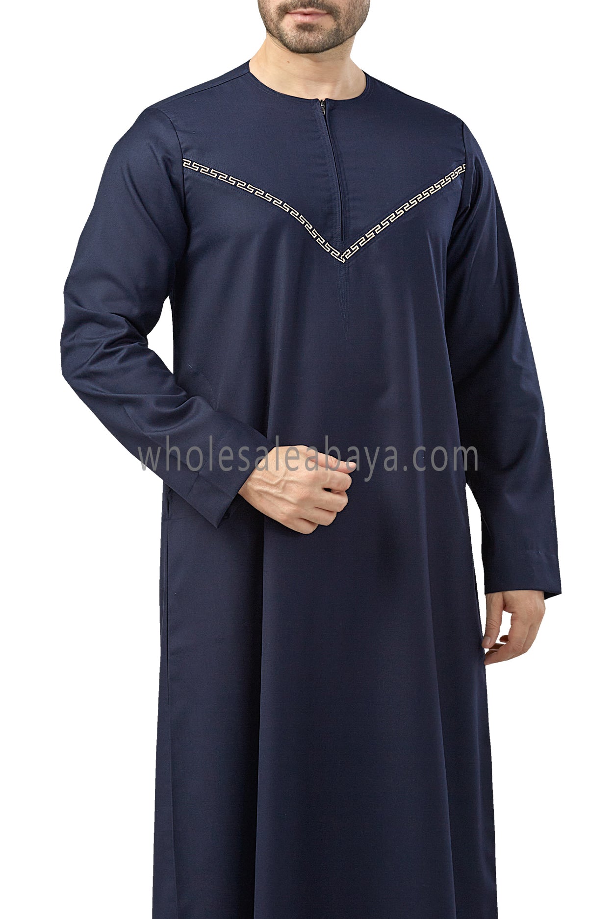 Premium Omani Thoubes with Embroidered "V" Stitching Navy Blue and Gold