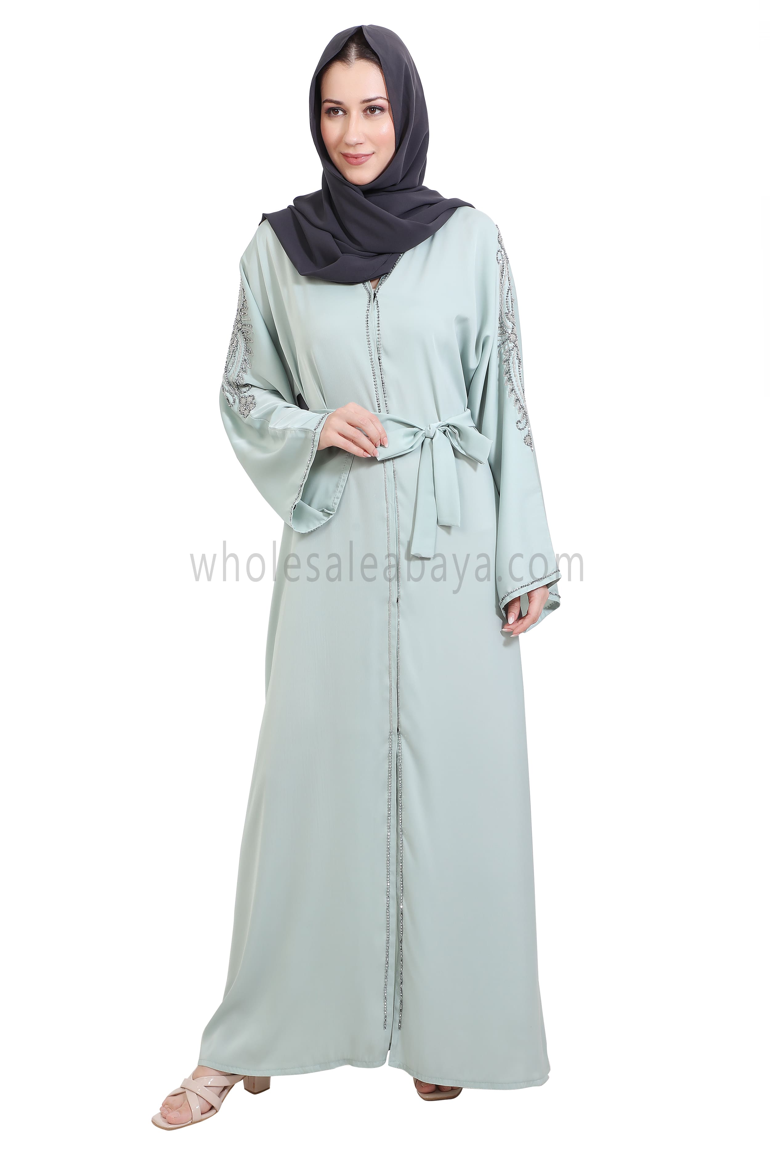 Open Abaya Style With Floral Vine Handwork