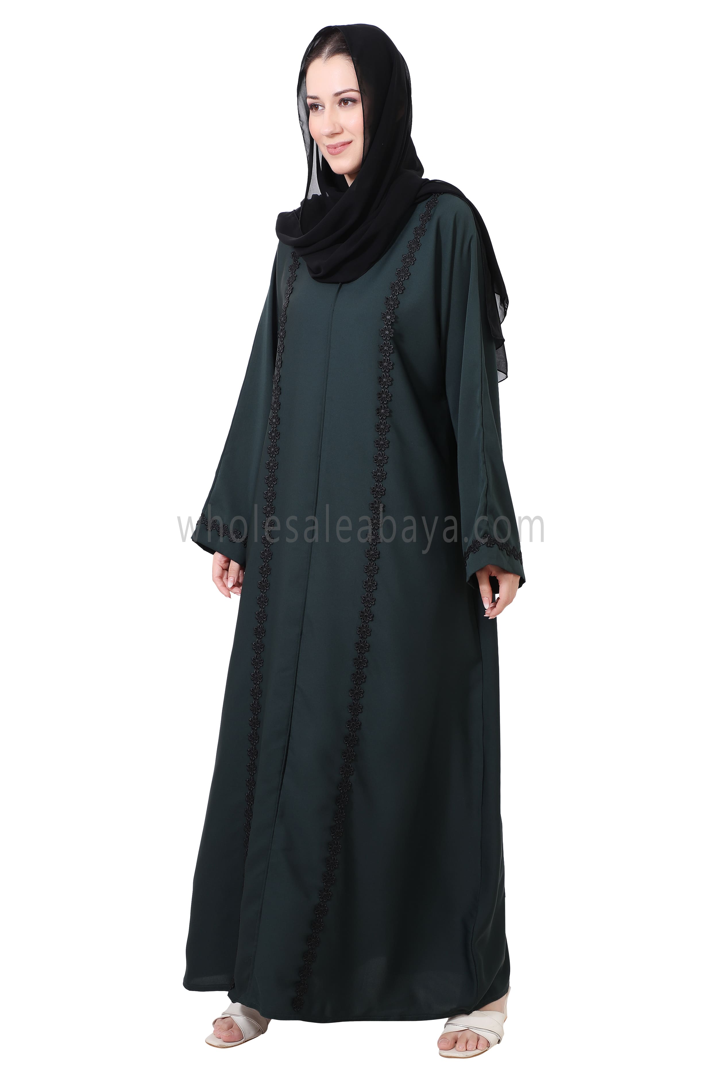 Closed Straight Cut Abaya in Black Lace Detailing