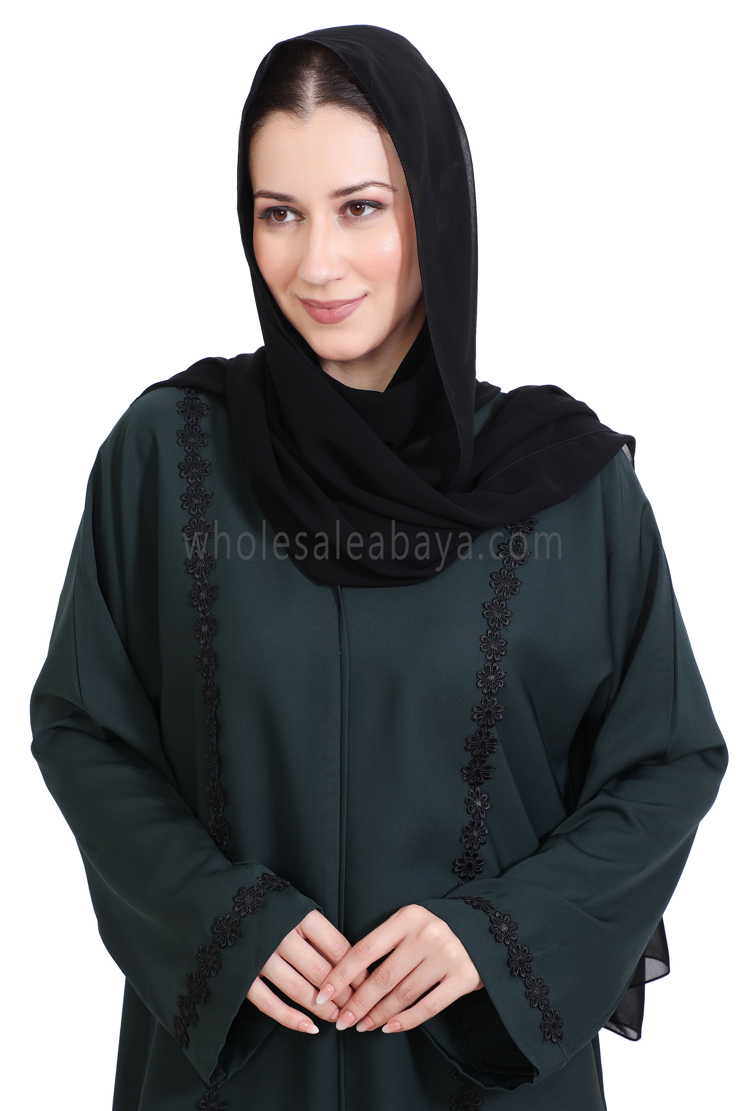 Closed Straight Cut Abaya in Black Lace Detailing