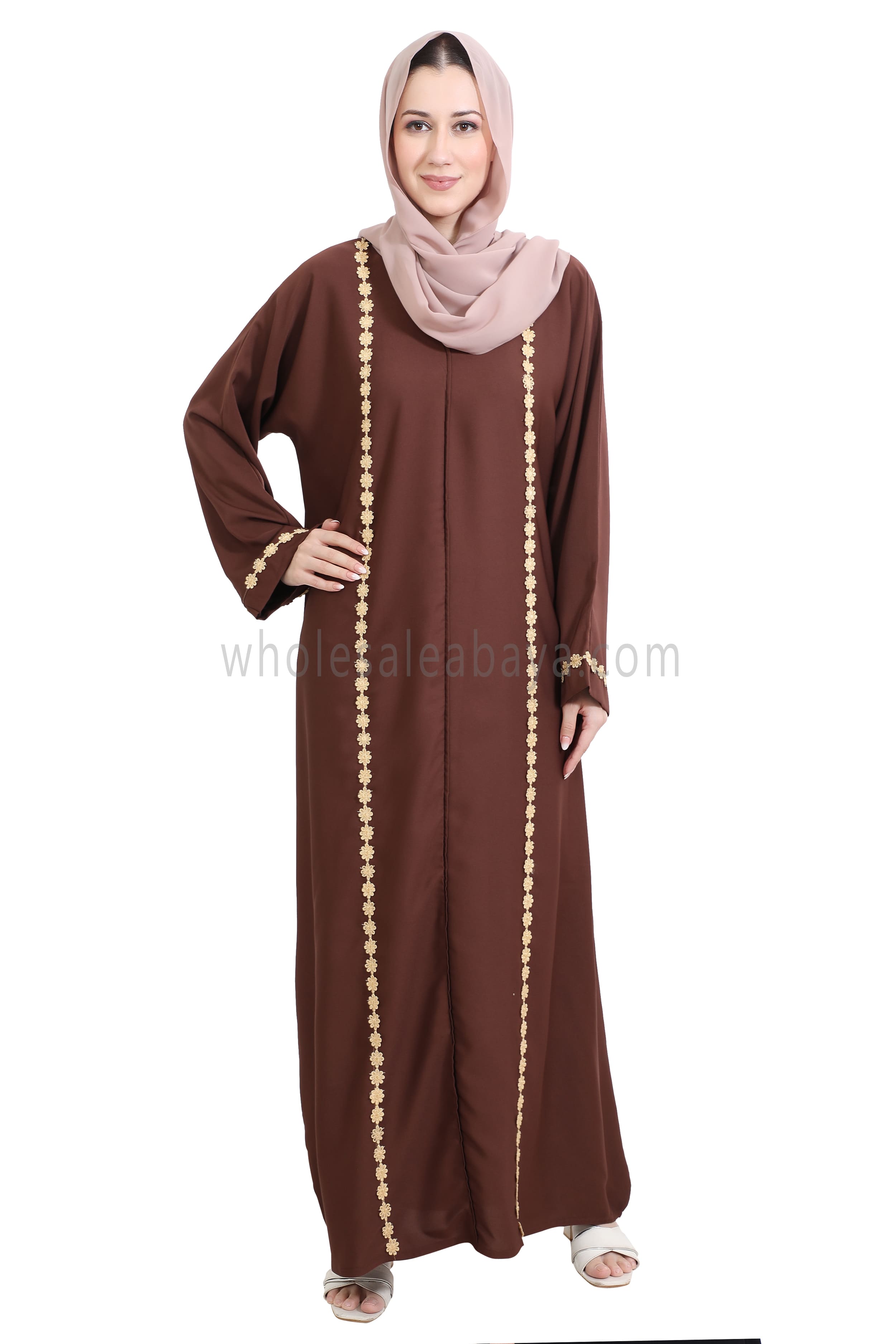 Closed Straight Cut Abaya in Gold Lace Detailing