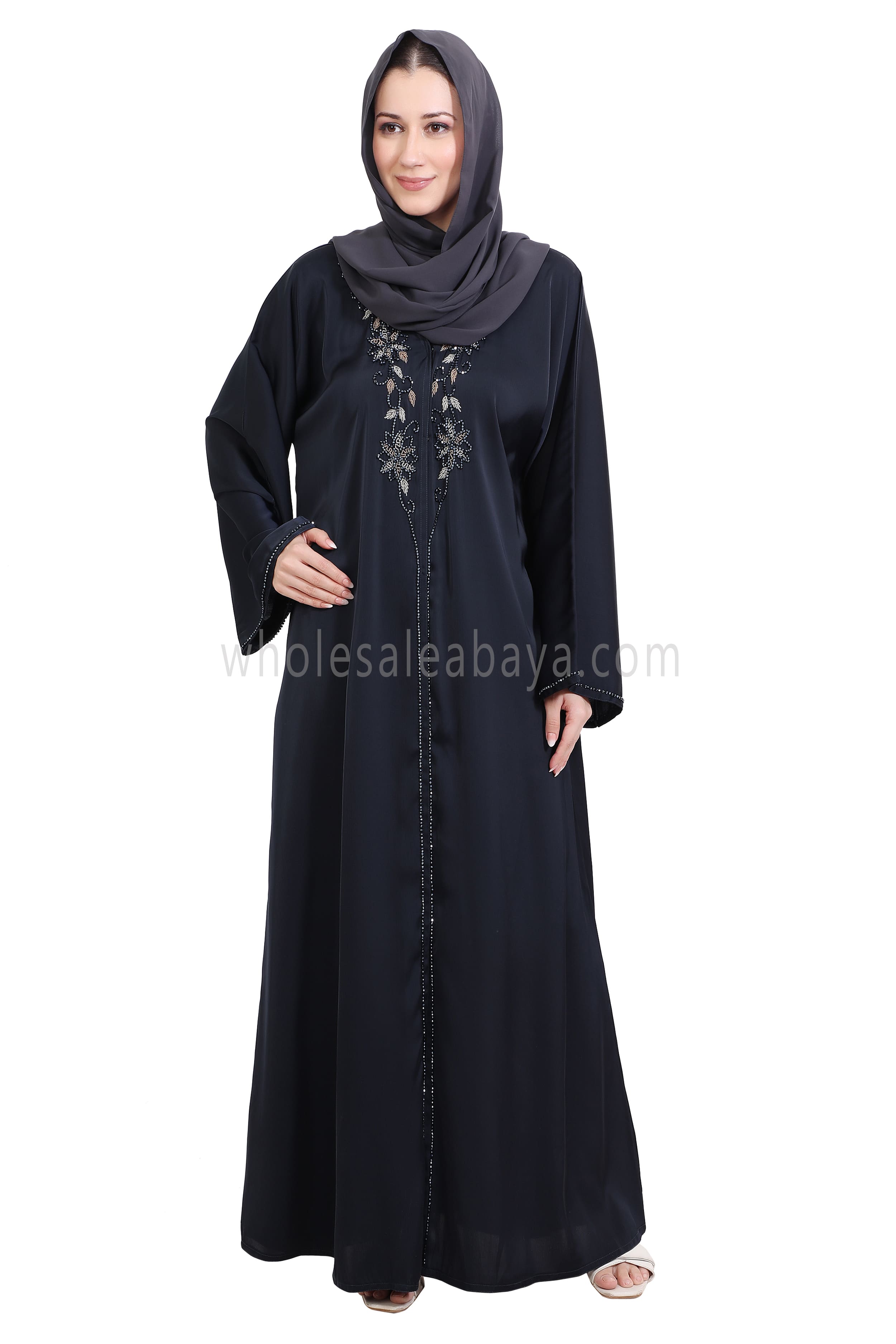 Open Abaya Style With Floral Vine Handwork