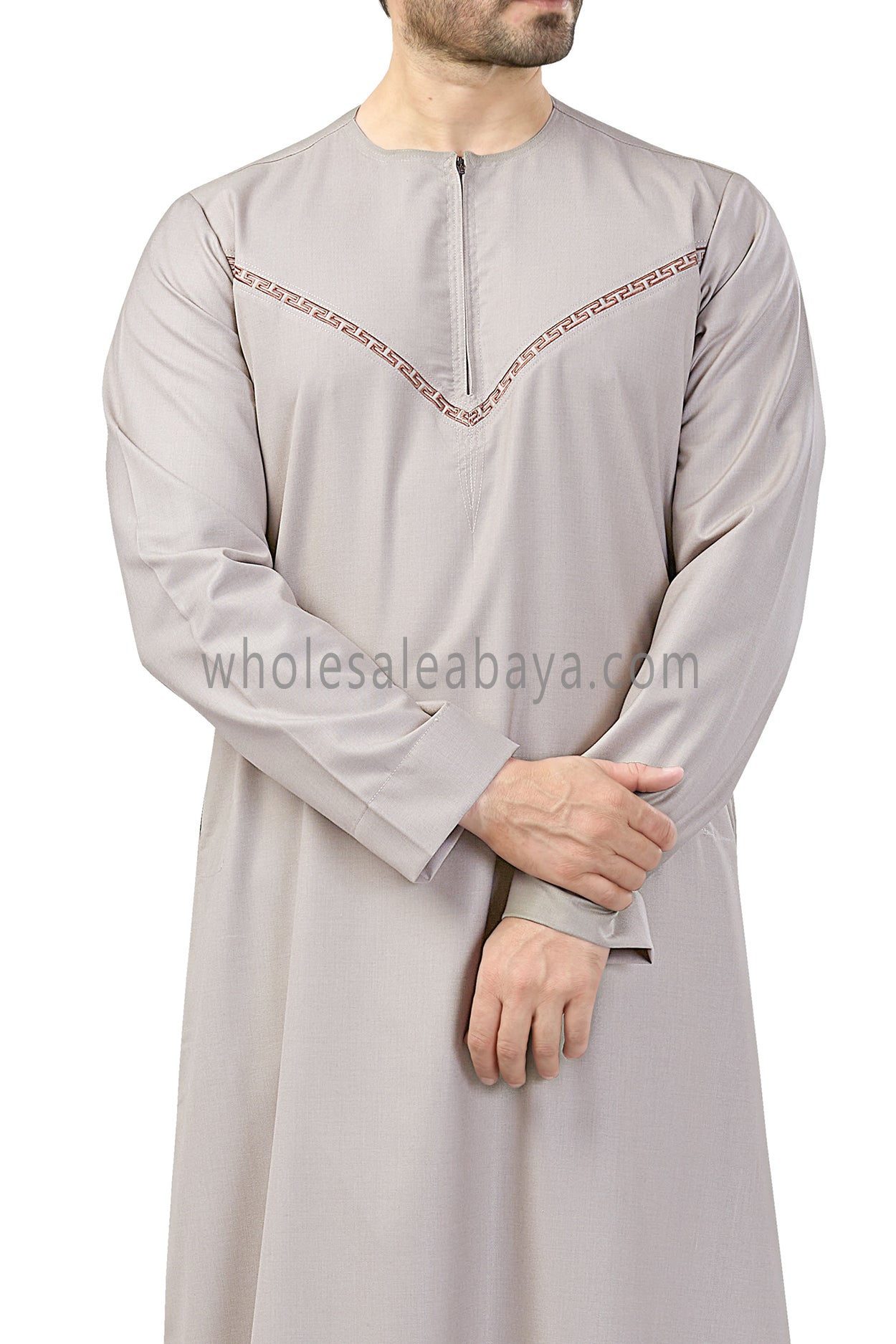 Premium Omani Thoubes with Embroidered "V" Stitching Stone Beige