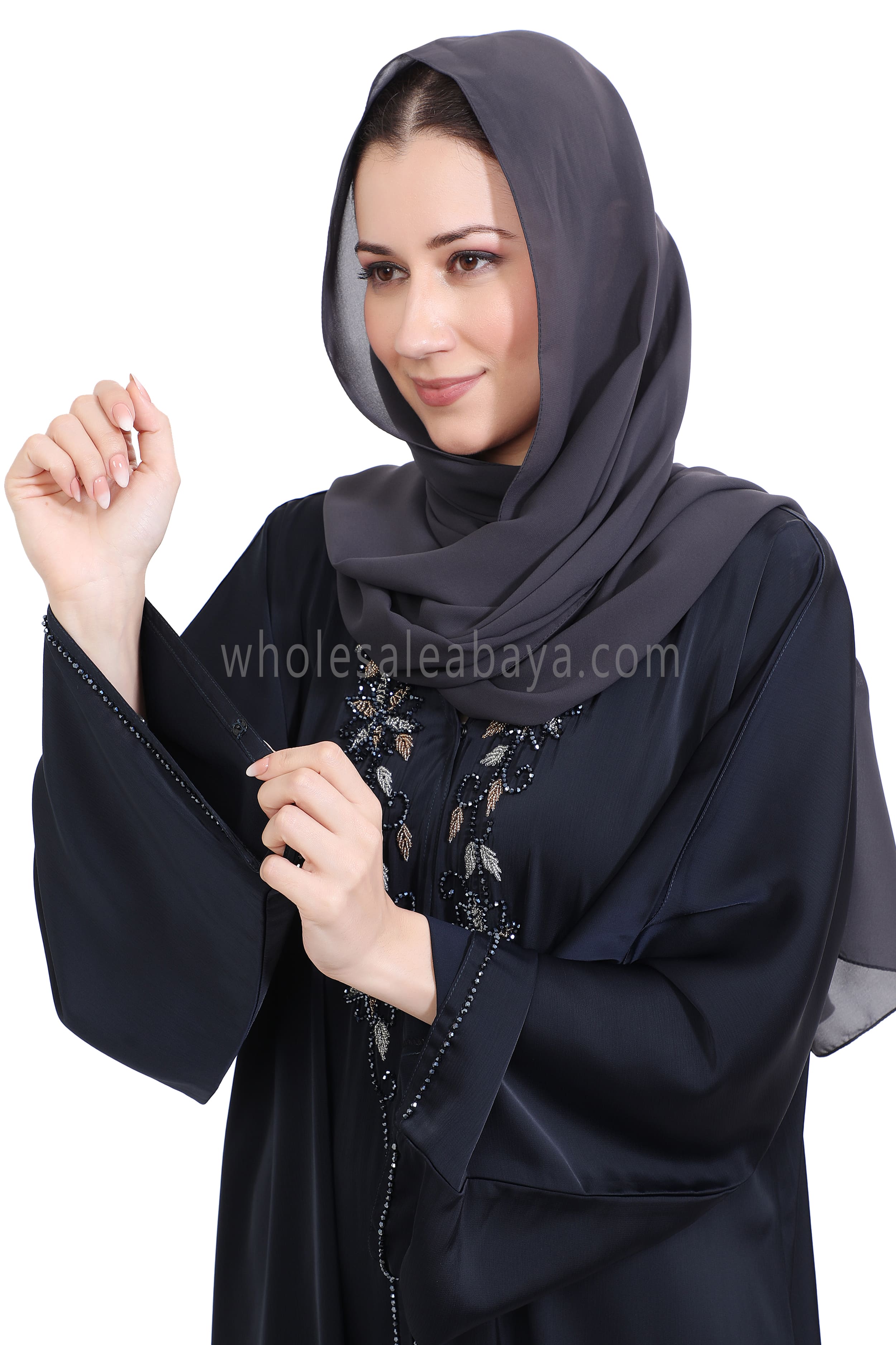 Open Abaya Style With Floral Vine Handwork