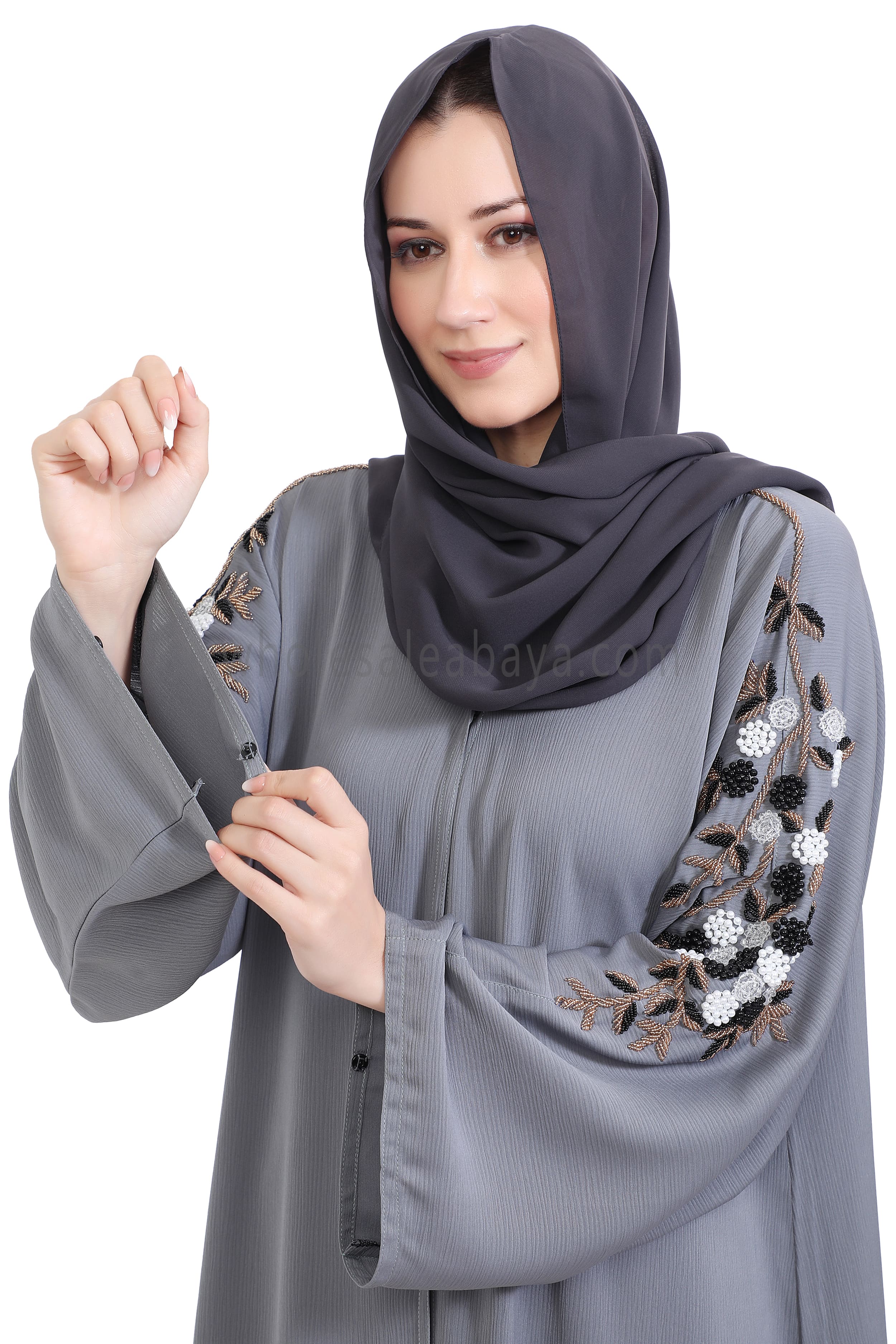 Open Abaya Style With Floral and Leaf Handwork