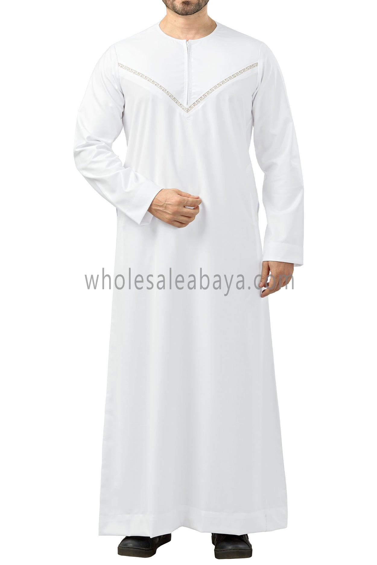 Premium Omani Thoubes with Embroidered "V" Stitching White and Gold