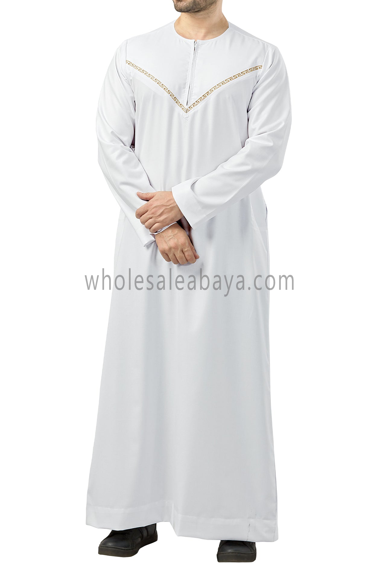 Premium Omani Thoubes with Embroidered "V" Stitching White and Gold