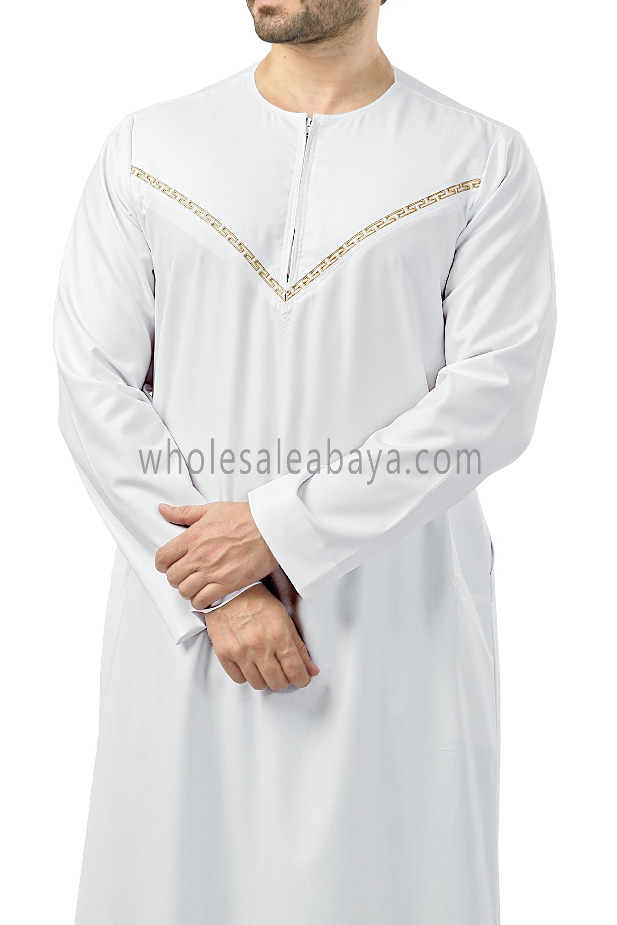Premium Omani Thoubes with Embroidered "V" Stitching White and Gold