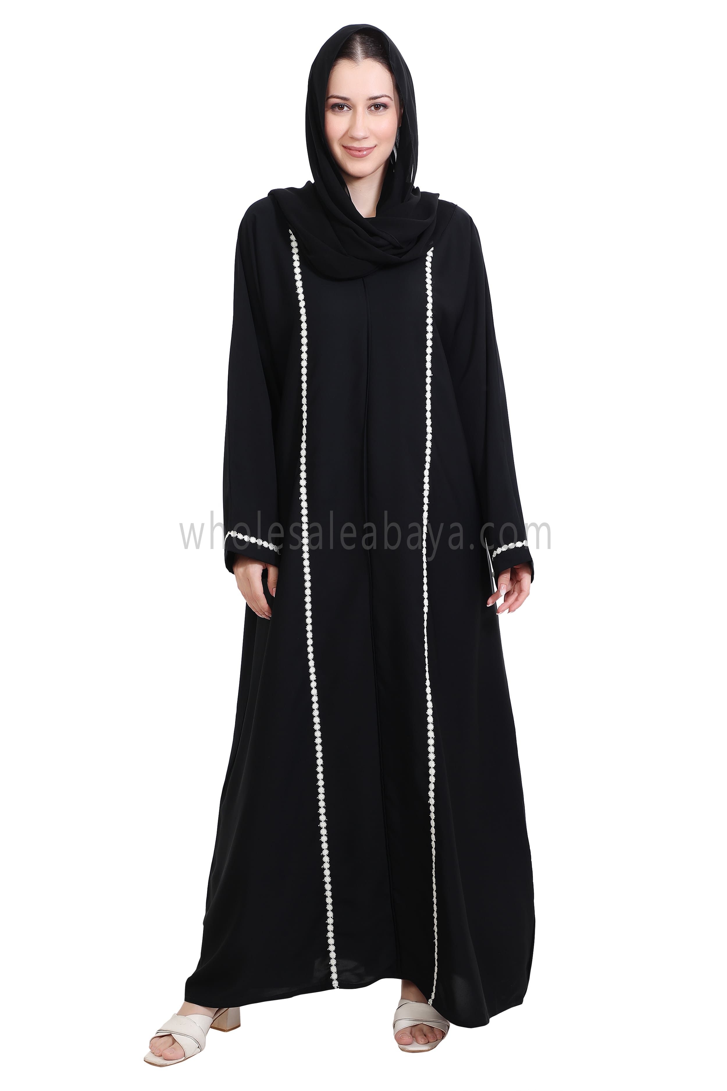 Closed Straight Cut Abaya in Gold Lace Detailing