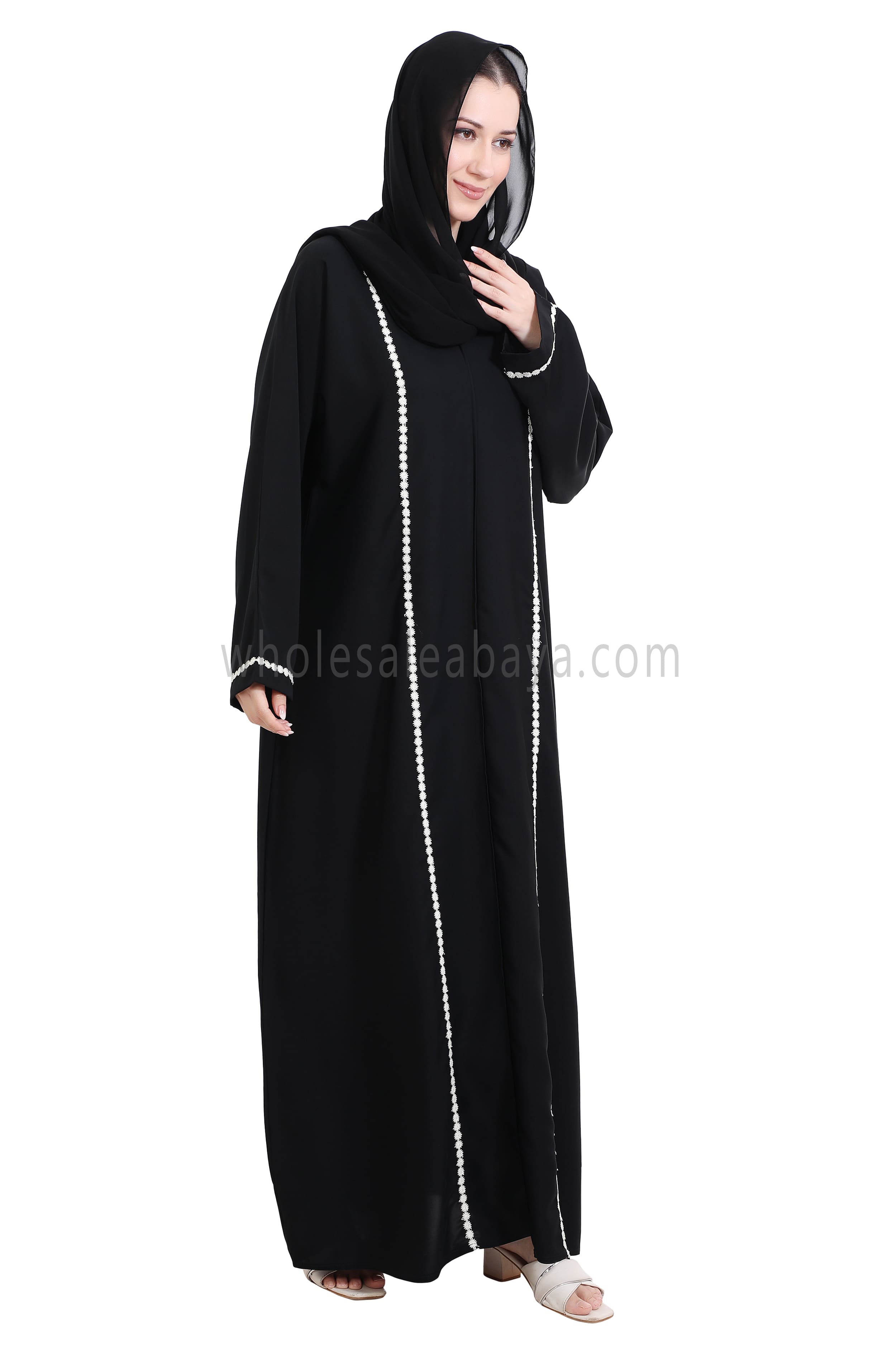 Closed Straight Cut Abaya in Off White Lace Detailing