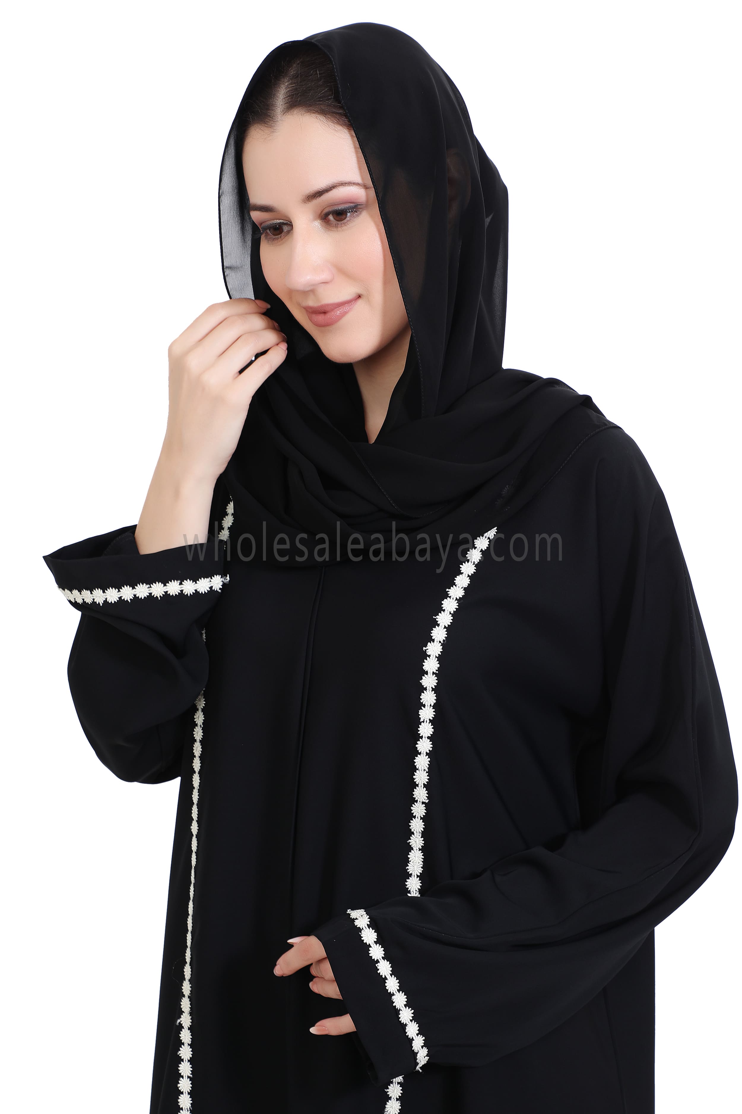Closed Straight Cut Abaya in Off White Lace Detailing