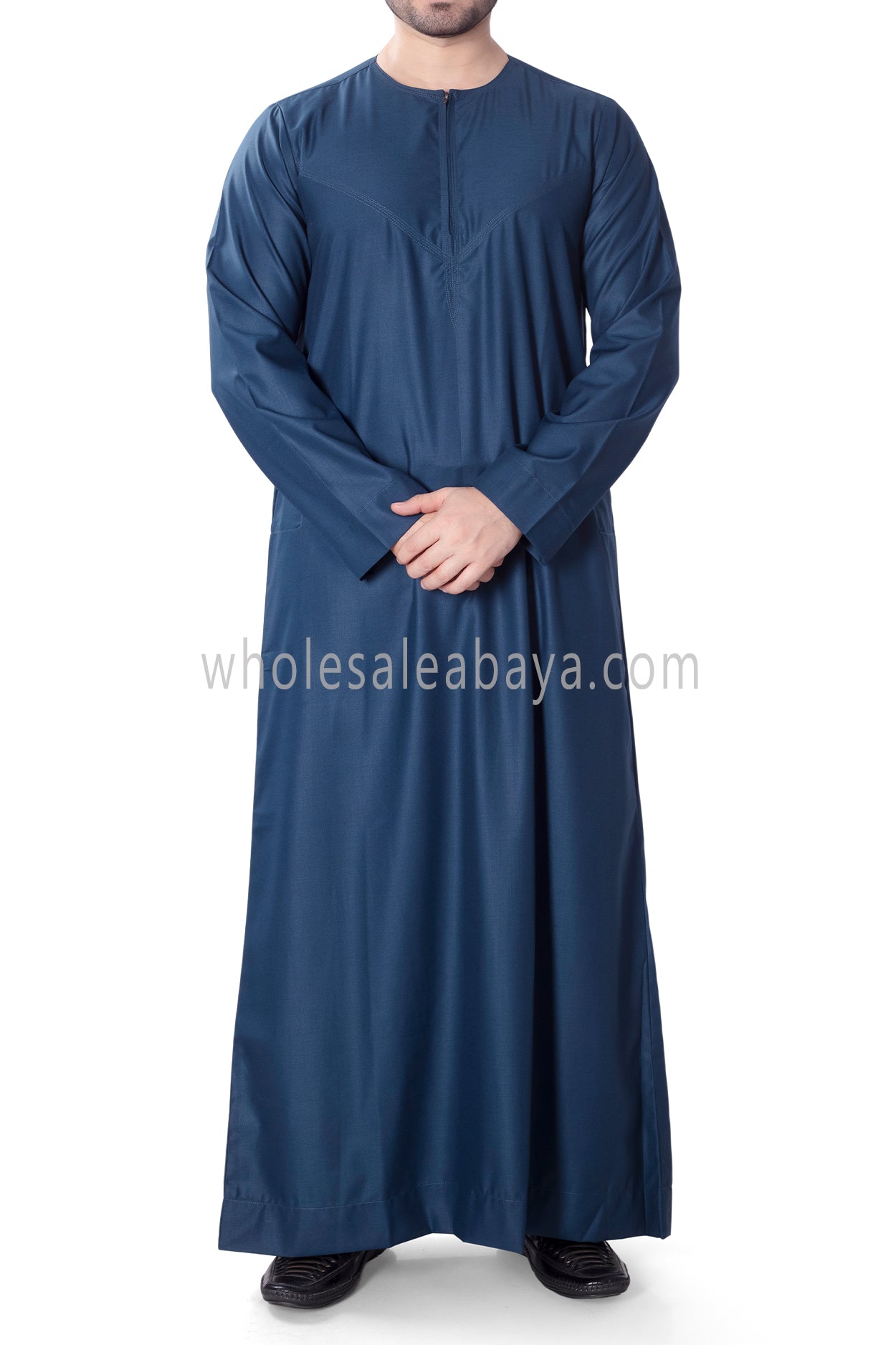 Men's Classic Plain Omani Thoube With Front Zip Teal Blue