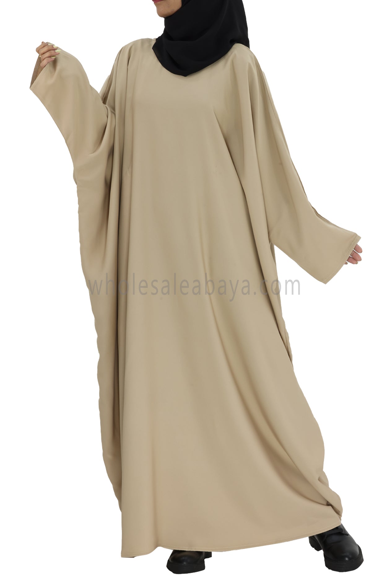 Plain Closed Butterfly Abaya With Inner Belt Sand Beige