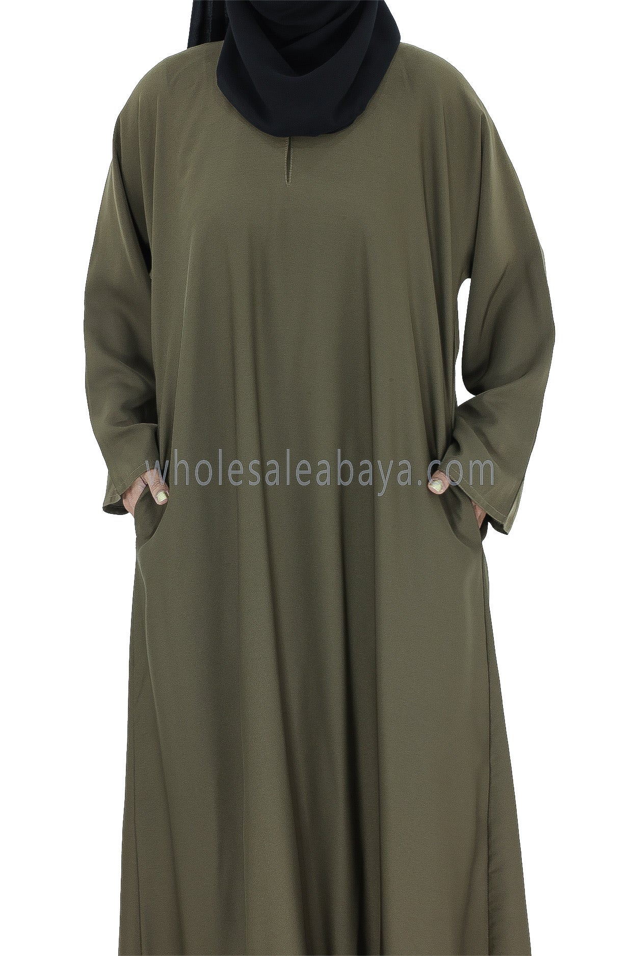 Plain Closed Abaya With  A-Line Straight Cut Olive Green