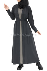 2 In One Front Open Abaya With Inner Slip Dress Silver Grey