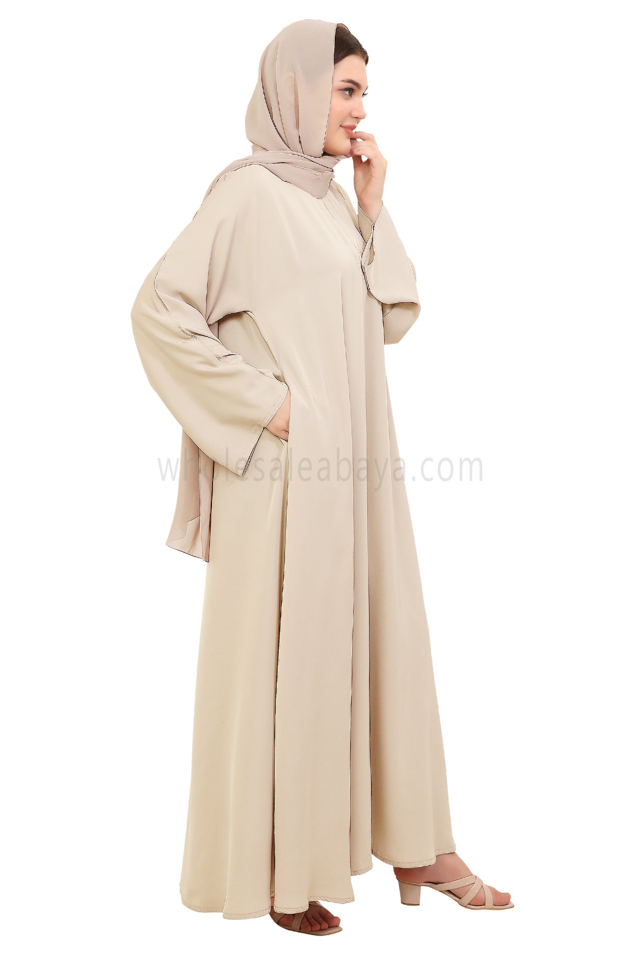 Plain Closed Abaya with Wide Sleeves 30418 Ivory