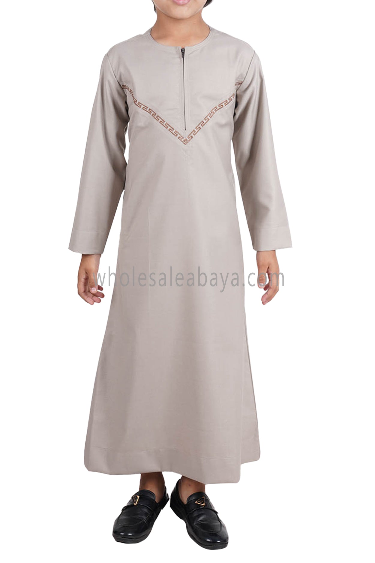 Boy's Premium Omani Thoube with Embroidered "V" Stitching Stone Beige and Brown