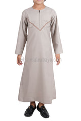Boy's Premium Omani Thoube with Embroidered "V" Stitching Stone Beige