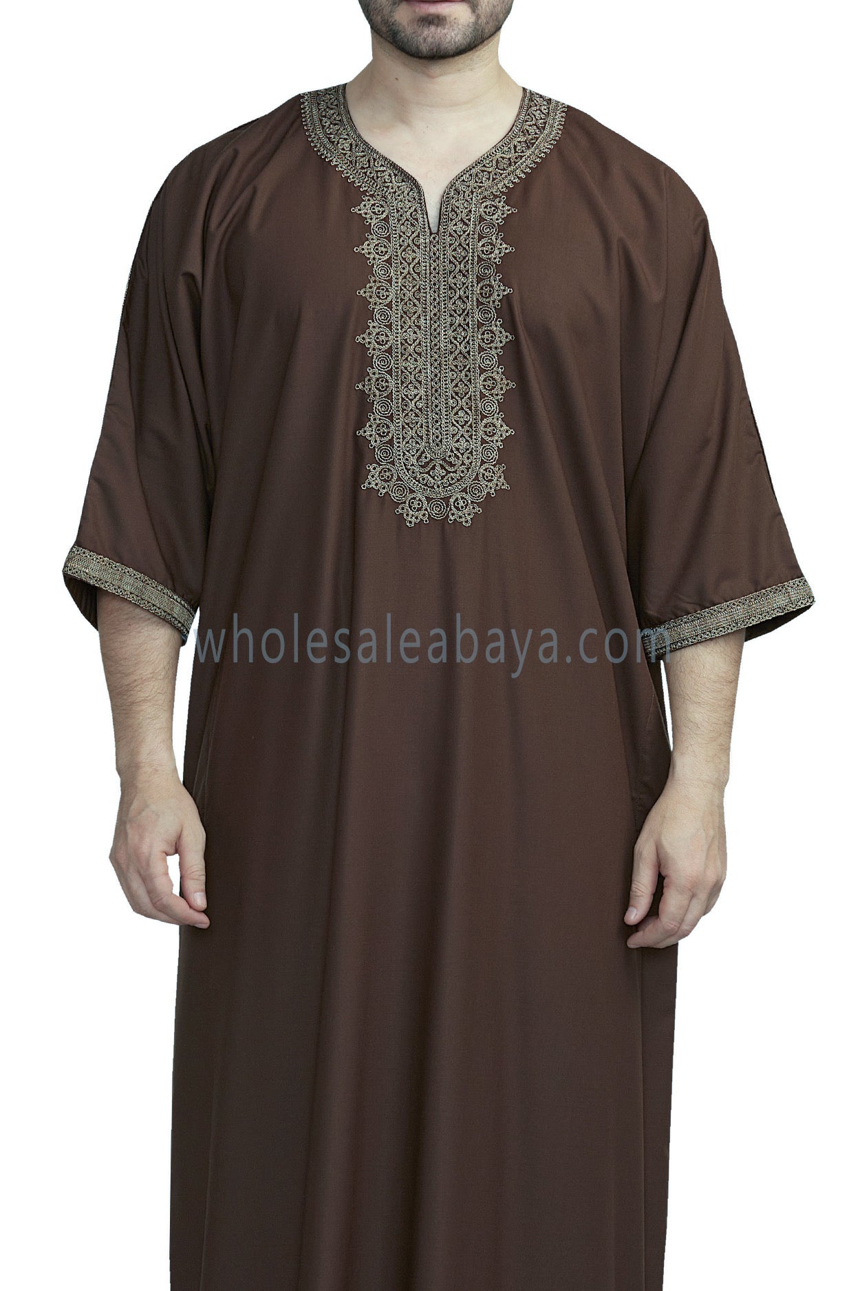 Men's Moroccan Thoube with Exquisite Embroidery Brown
