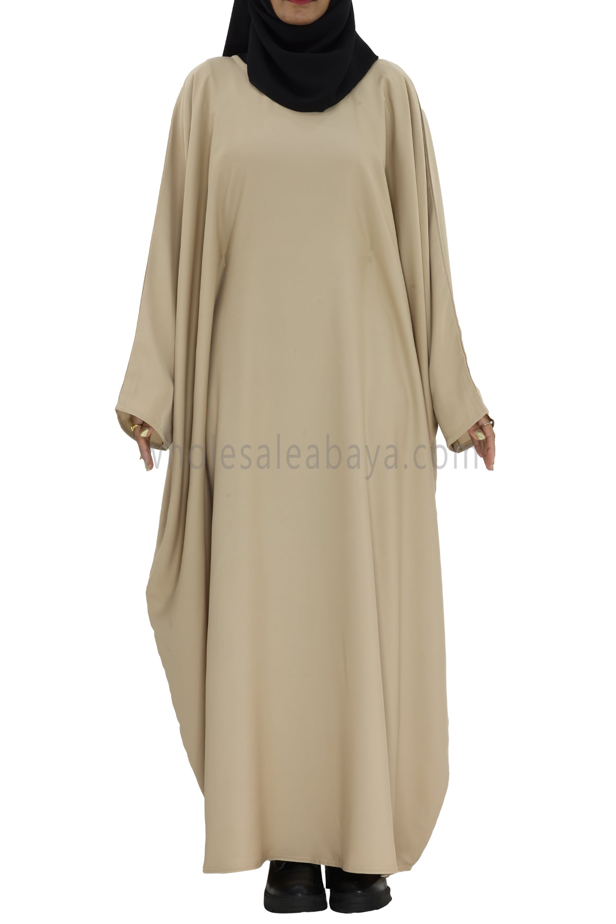 Plain Closed Butterfly Abaya With Inner Belt Sand Beige
