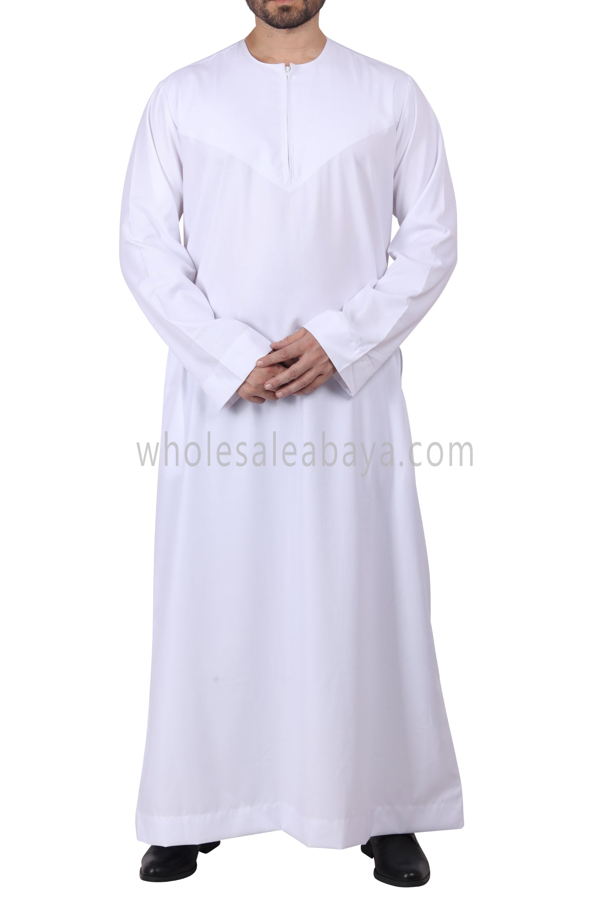Men's Classic Plain Omani Thoube With Front Zip White