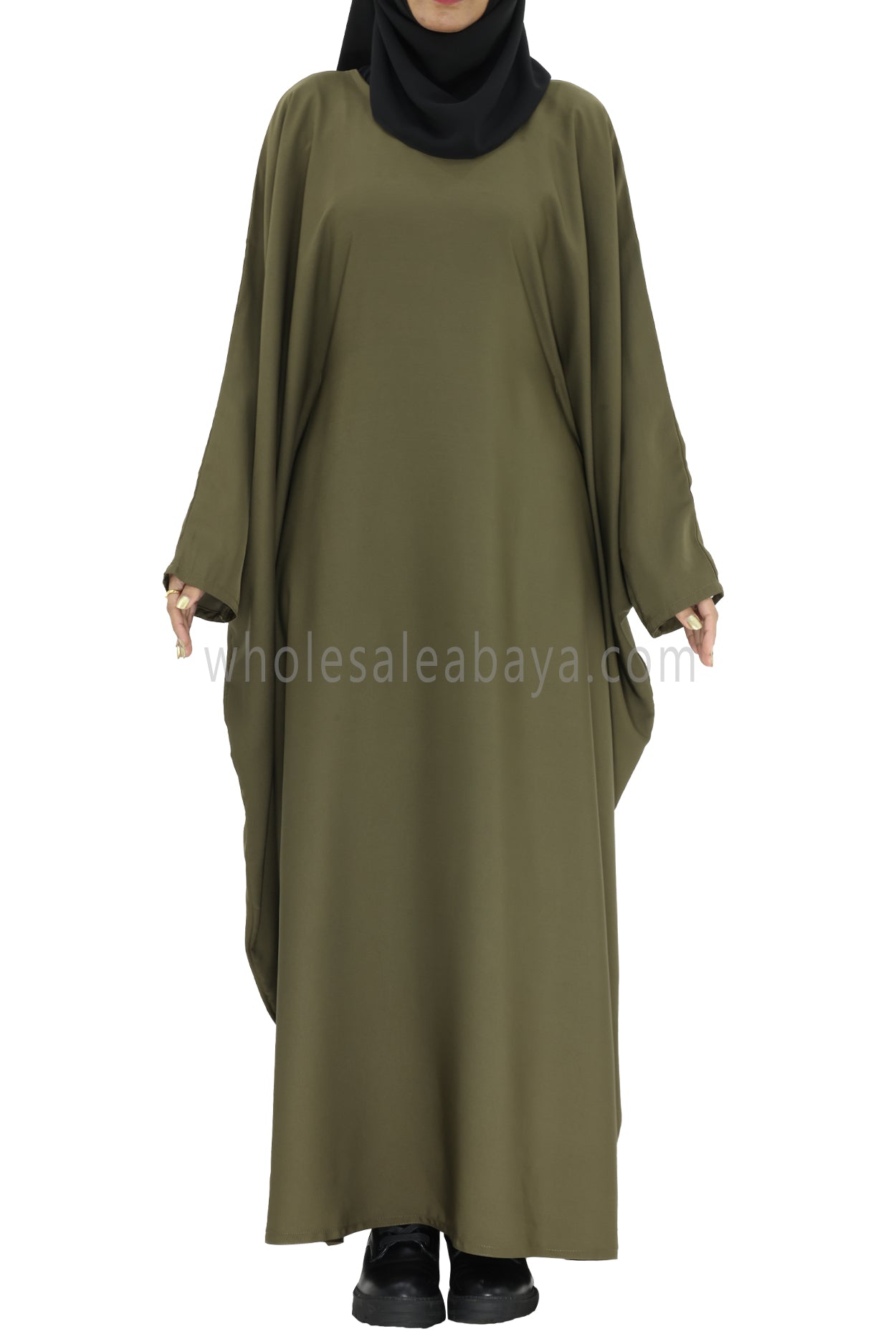 Plain Closed Butterfly Abaya With Inner Belt Olive Green Colour
