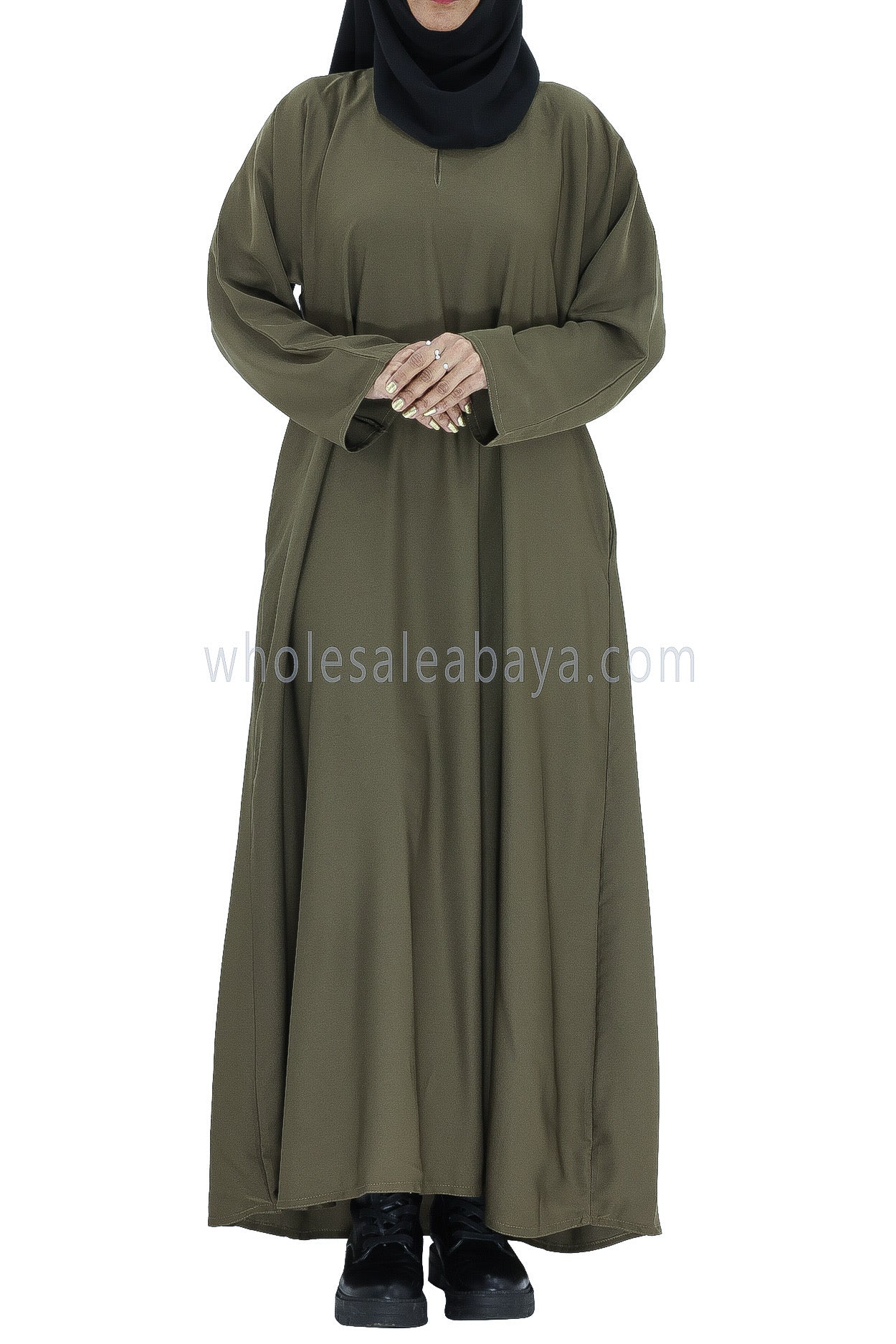 Plain Closed Abaya With  A-Line Straight Cut Olive Green