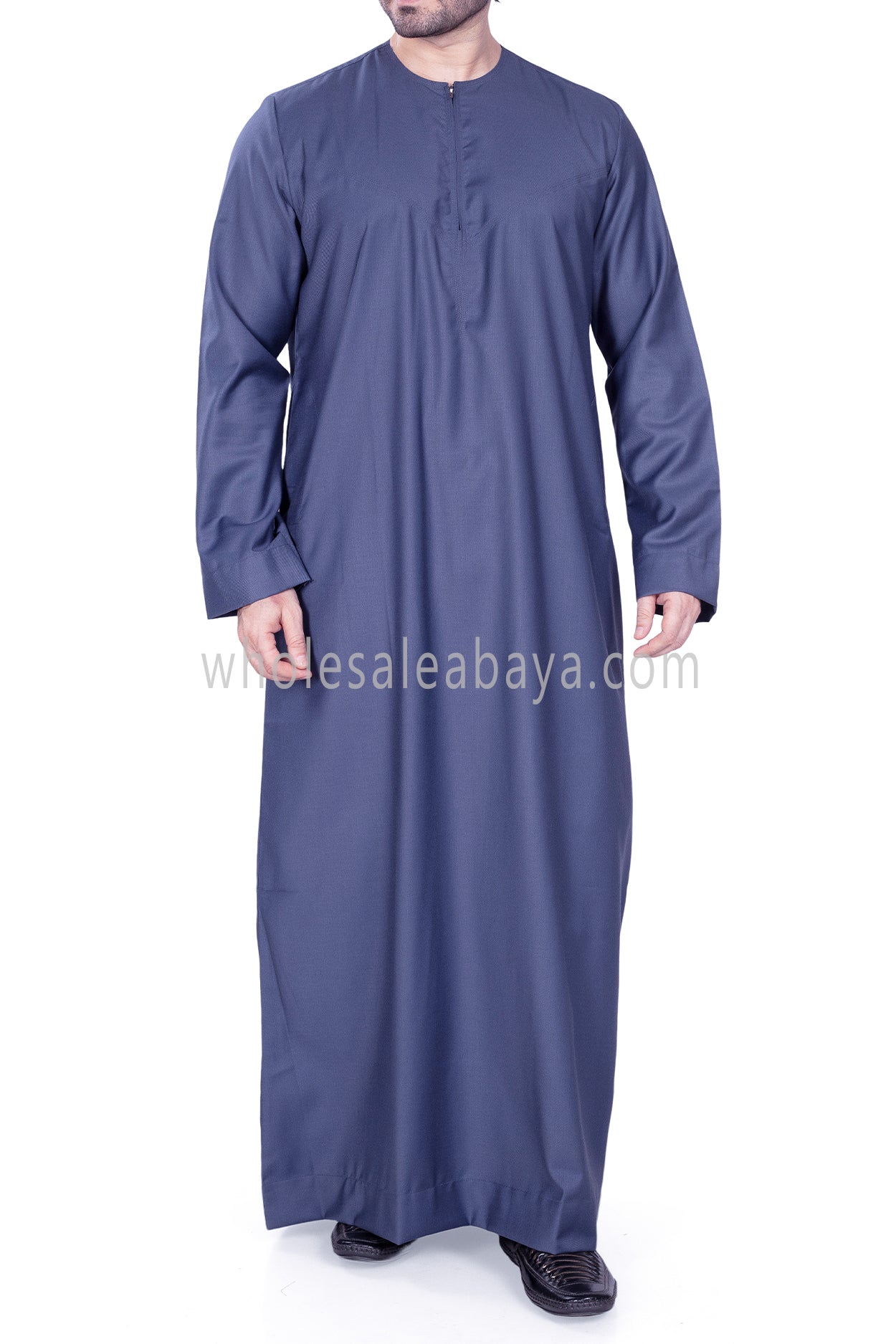 Men's Classic Plain Omani Thoube With Front Zip Blue Grey