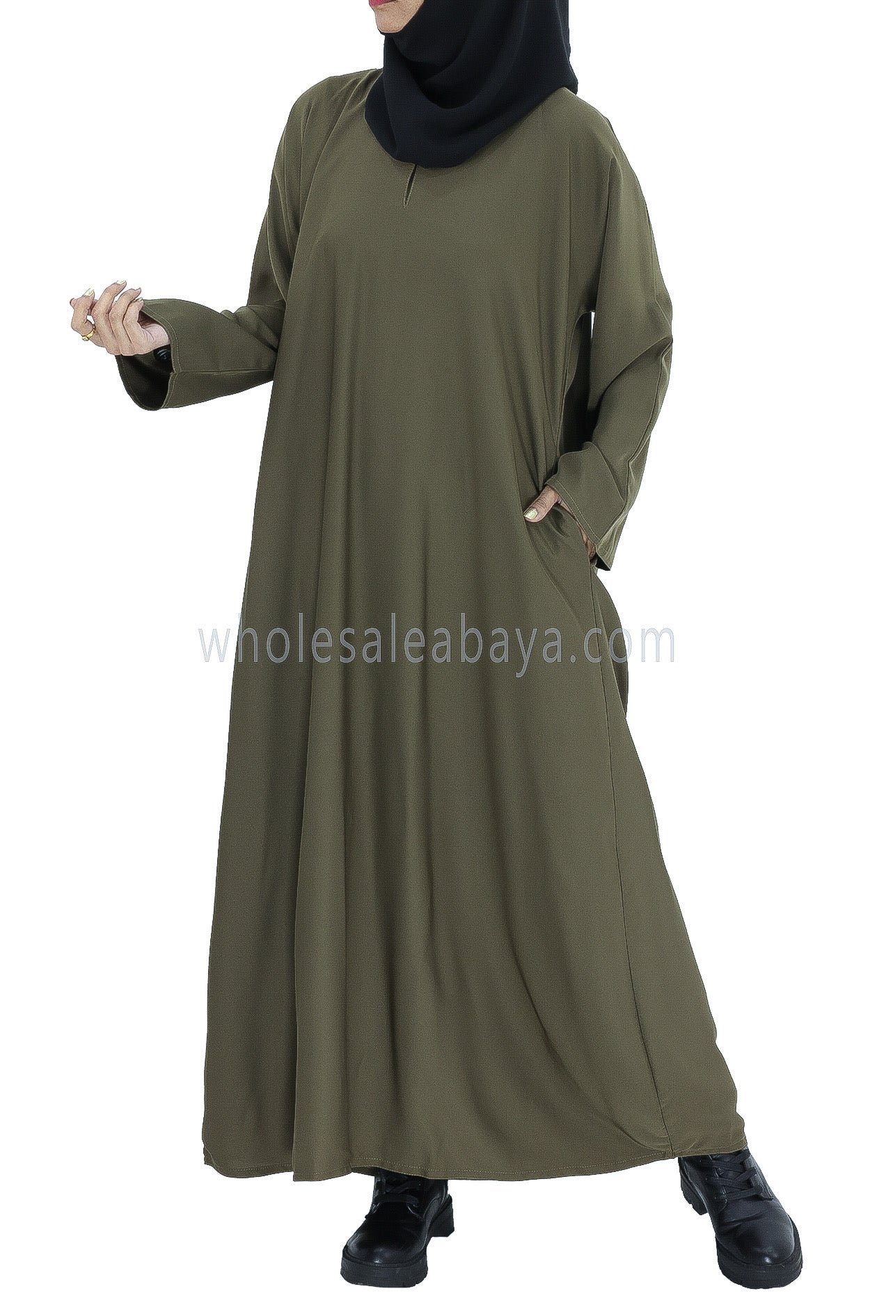Plain Closed Abaya With  A-Line Straight Cut Olive Green