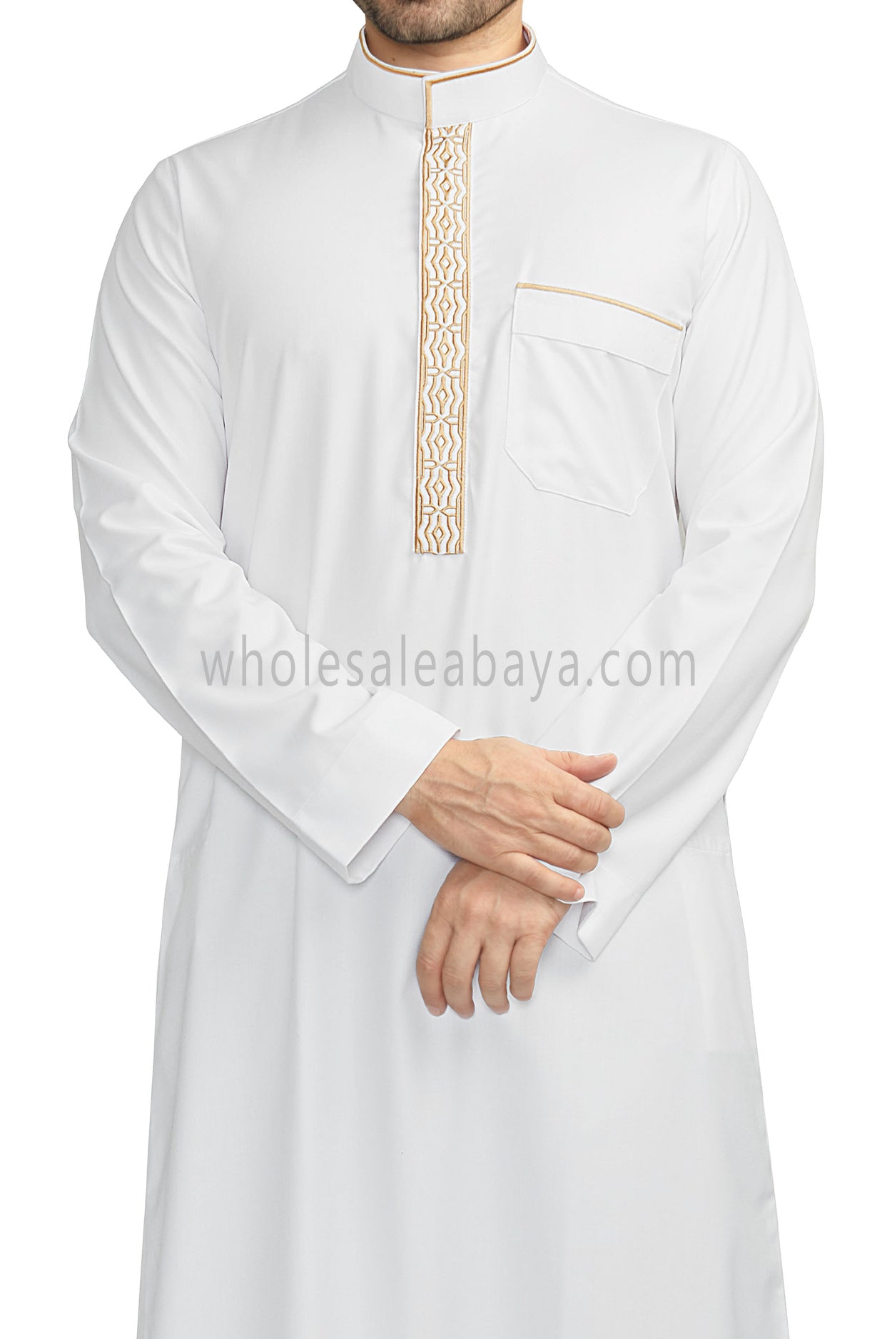 Elegant Men's Collar Thoube With Embroidery White