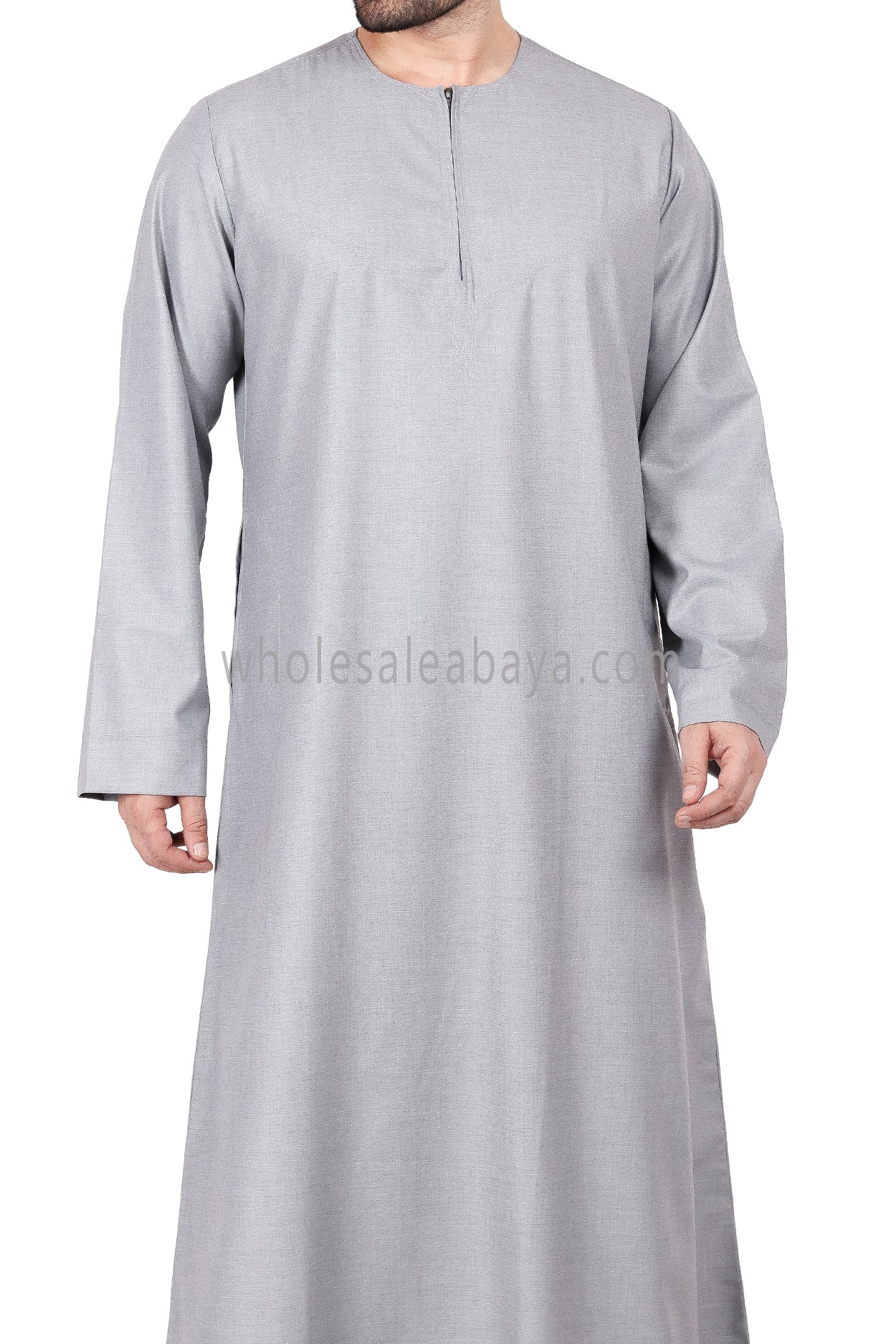 Men's Classic Plain Omani Thoube With Front Zip Light Grey