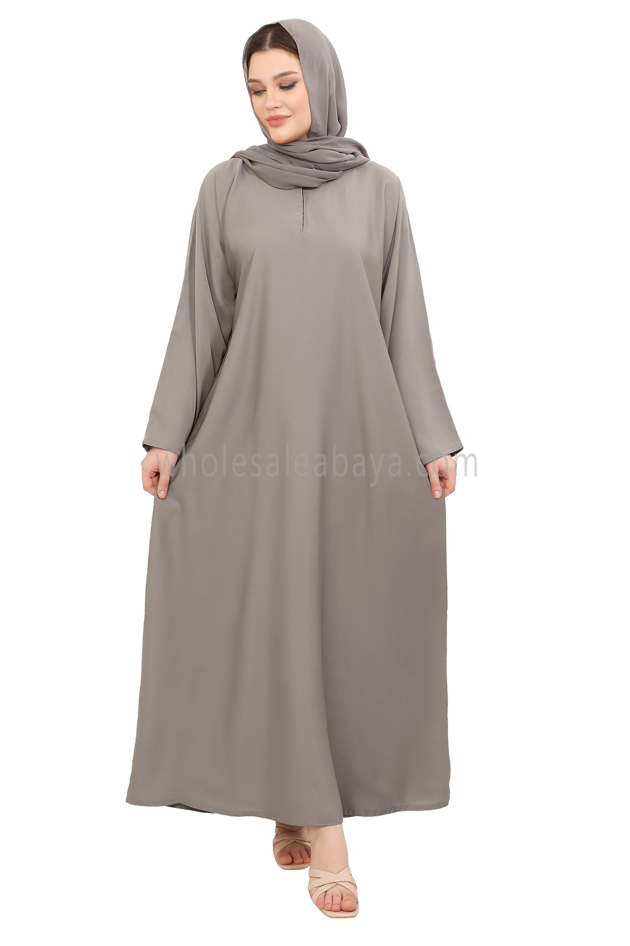 Plain Straight Cut Nida Abaya 30076 Light Grey