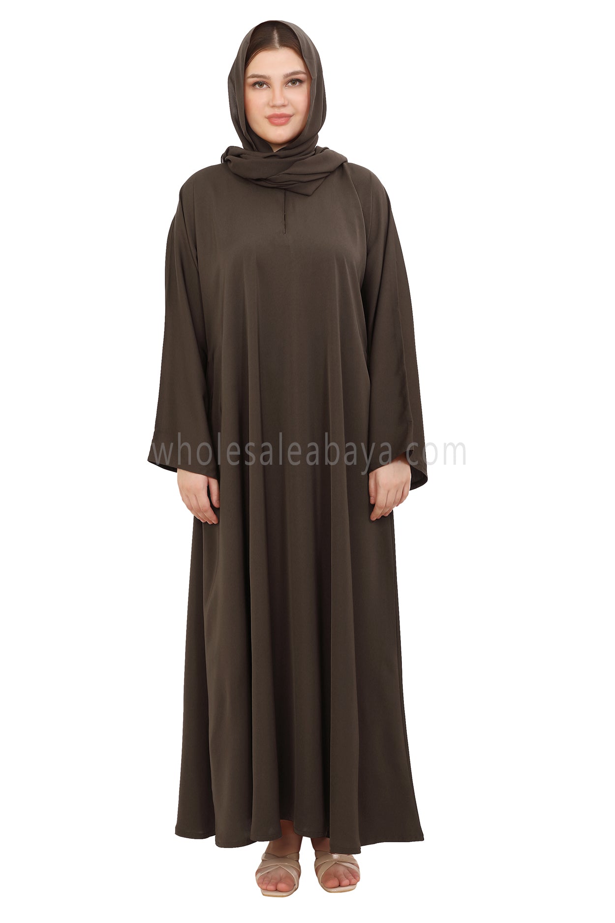 Plain Closed Abaya with Wide Sleeves 30418 Mocha Brown