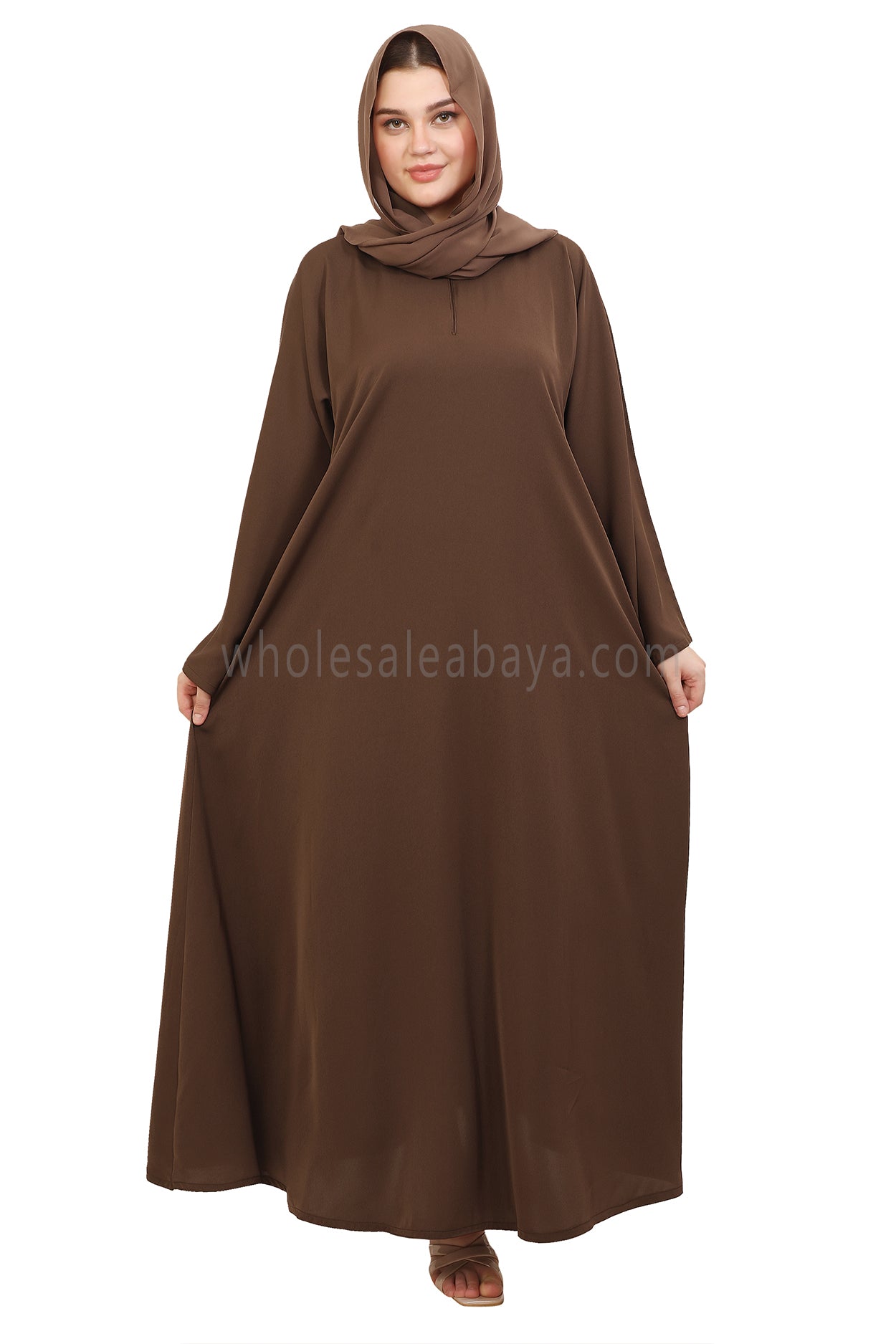 Plain Closed Abaya with Wide Sleeves 30418 Chestnut Brown
