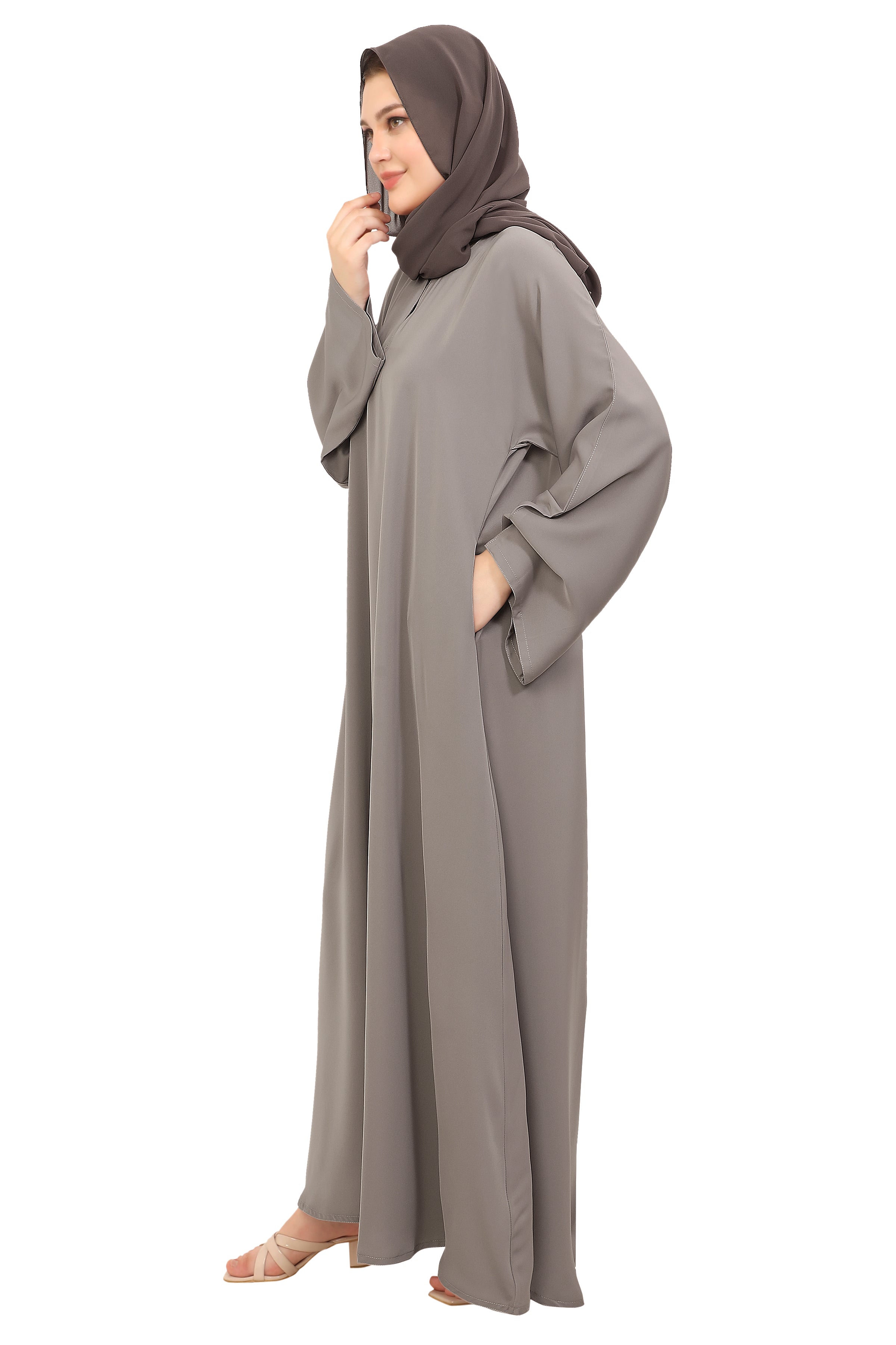 Plain Closed Abaya with Wide Sleeves 30418 Light Grey