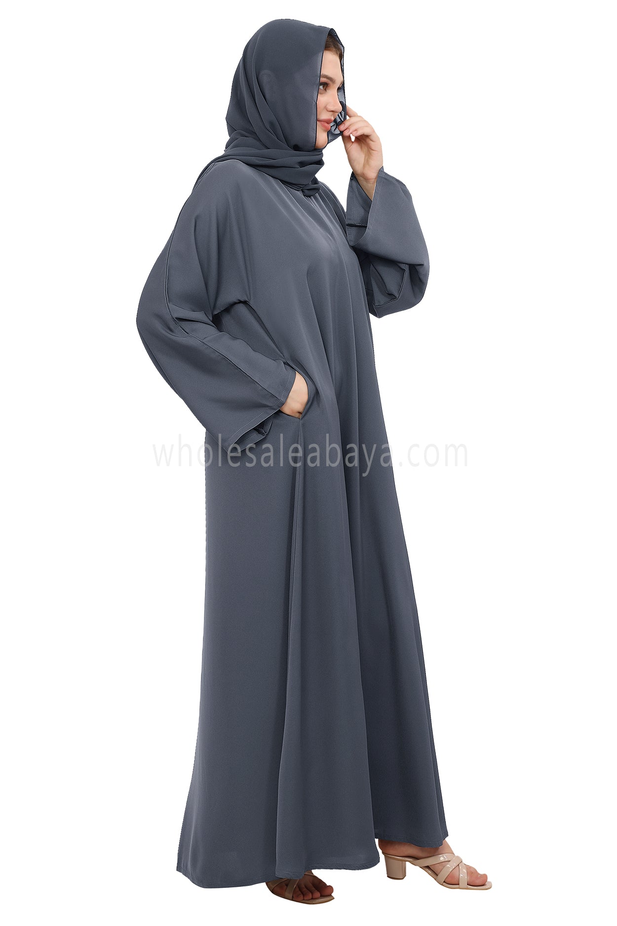 Plain Closed Abaya with Wide Sleeves 30418 Charcoal Grey