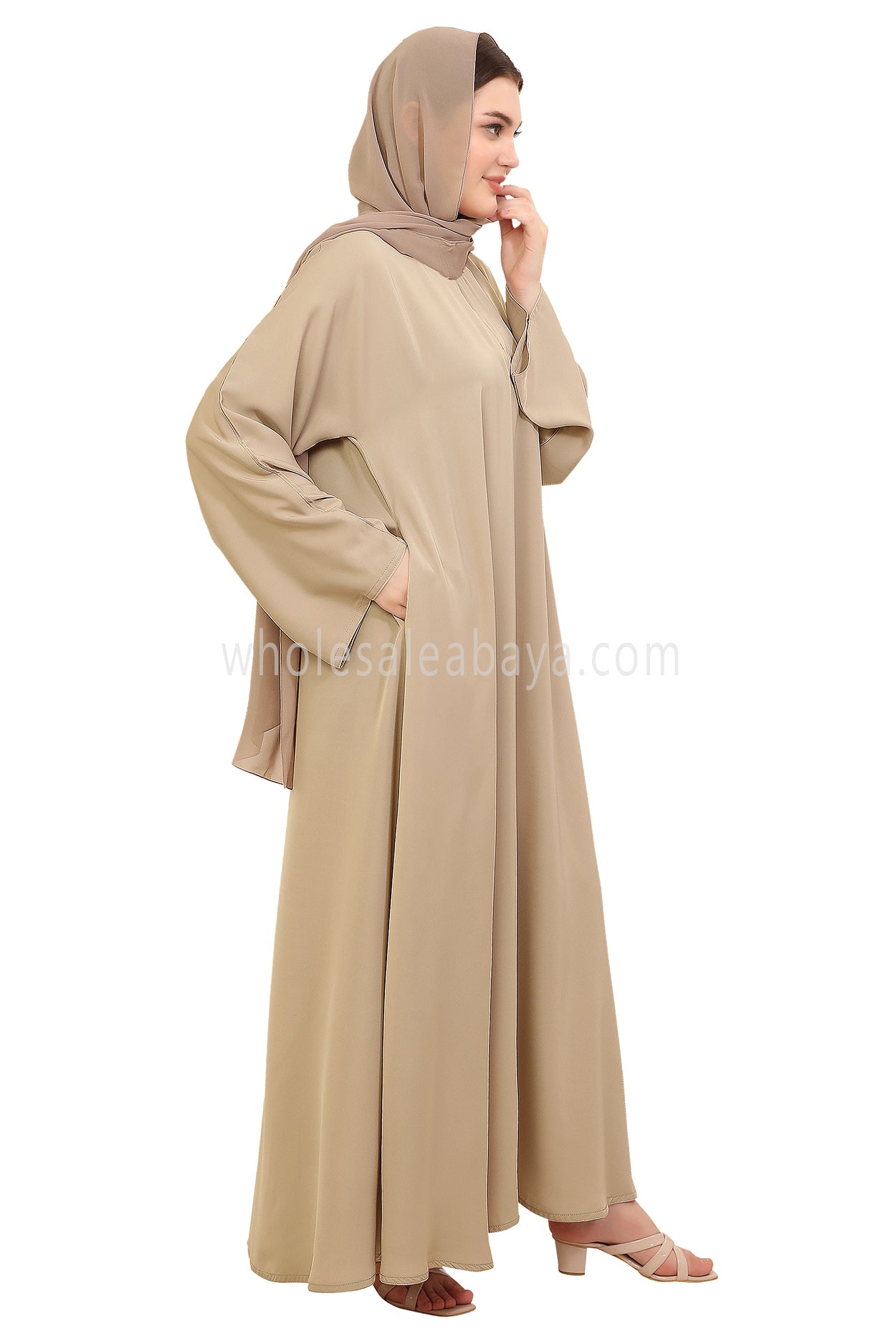 Plain Closed Abaya with Wide Sleeves 30418 Cream