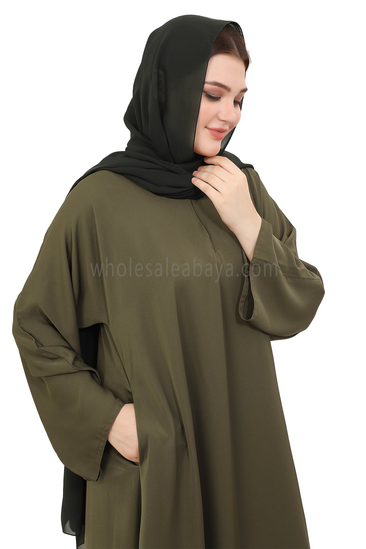 Plain Closed Abaya with Wide Sleeves 30418 Olive Green