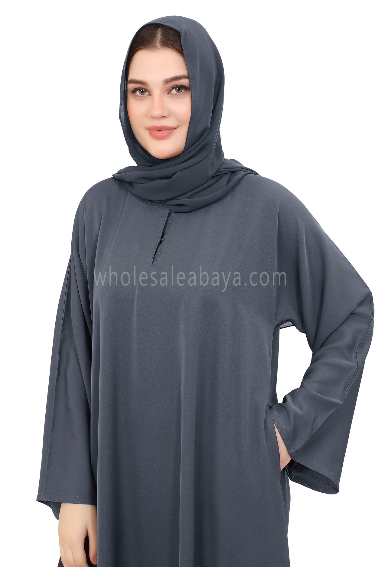 Plain Closed Abaya with Wide Sleeves 30418 Charcoal Grey