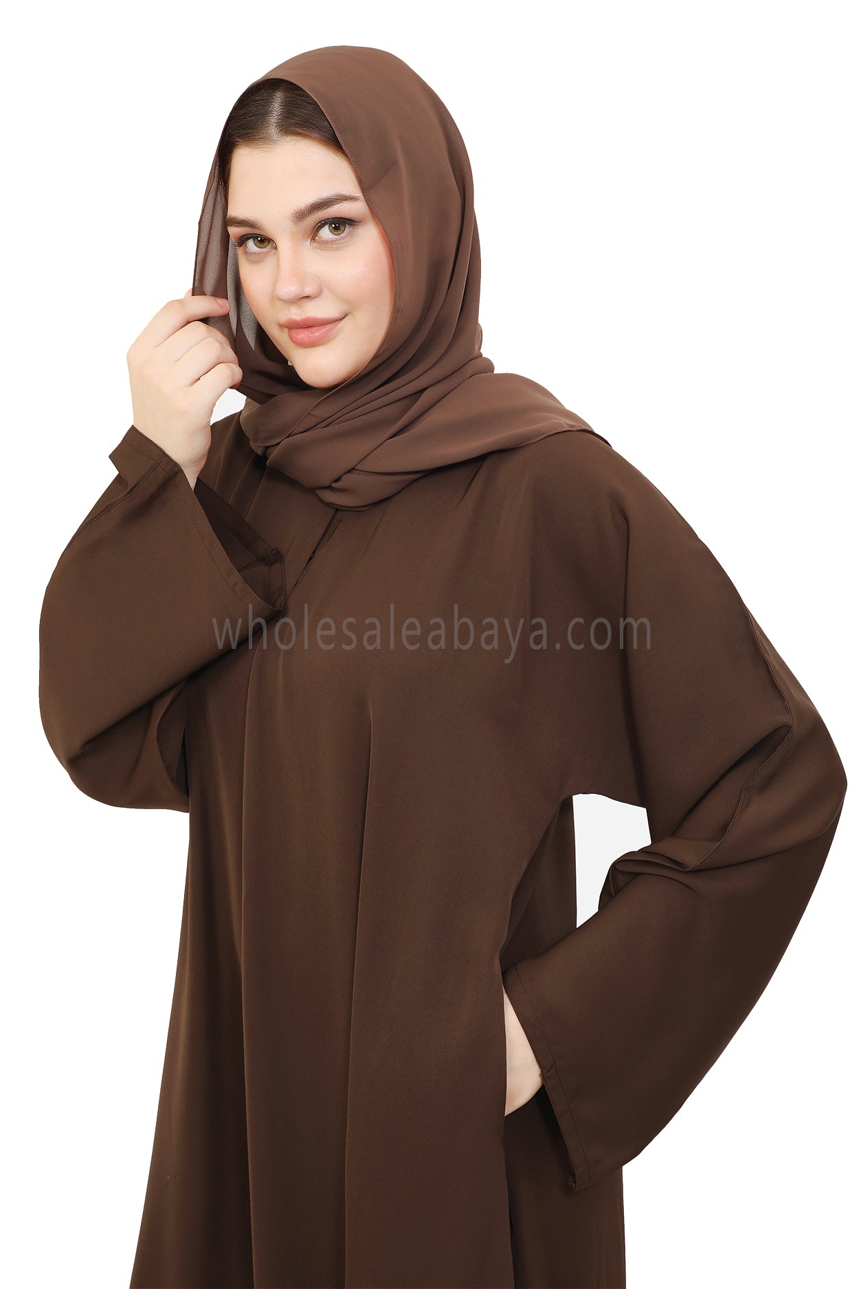 Plain Closed Abaya with Wide Sleeves 30418 Chestnut Brown
