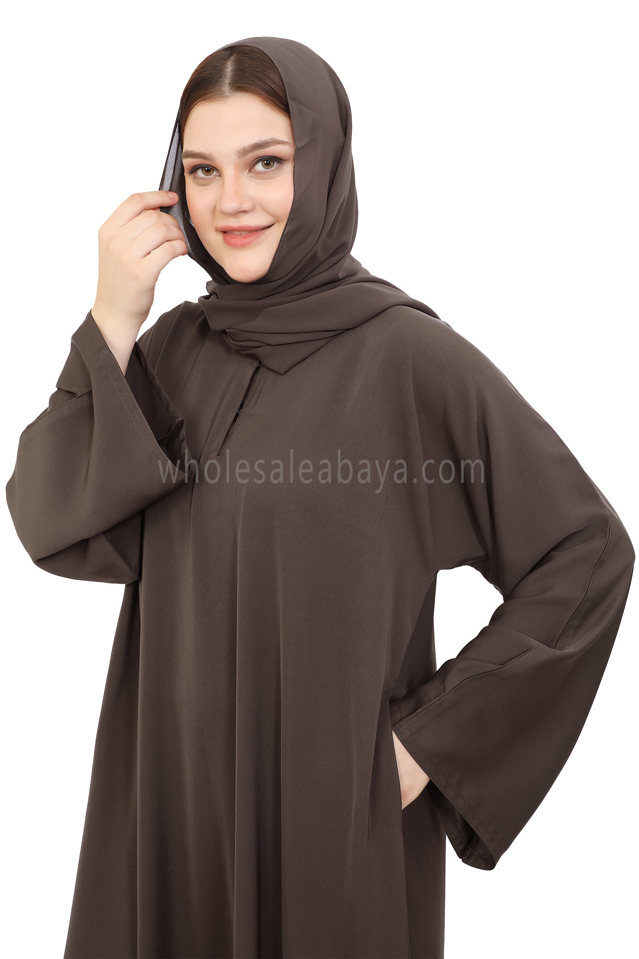 Plain Closed Abaya with Wide Sleeves 30418 Mink Brown