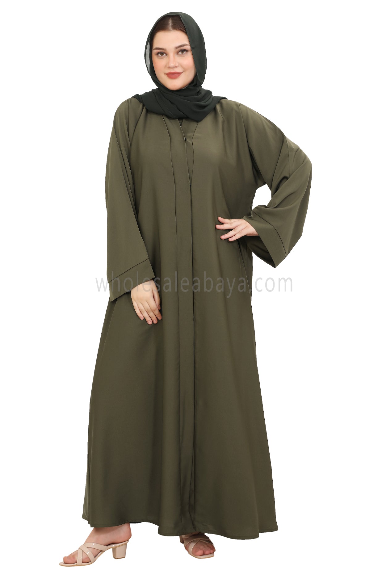 Front Open Nida Abaya with Buttons 30051 Olive Green