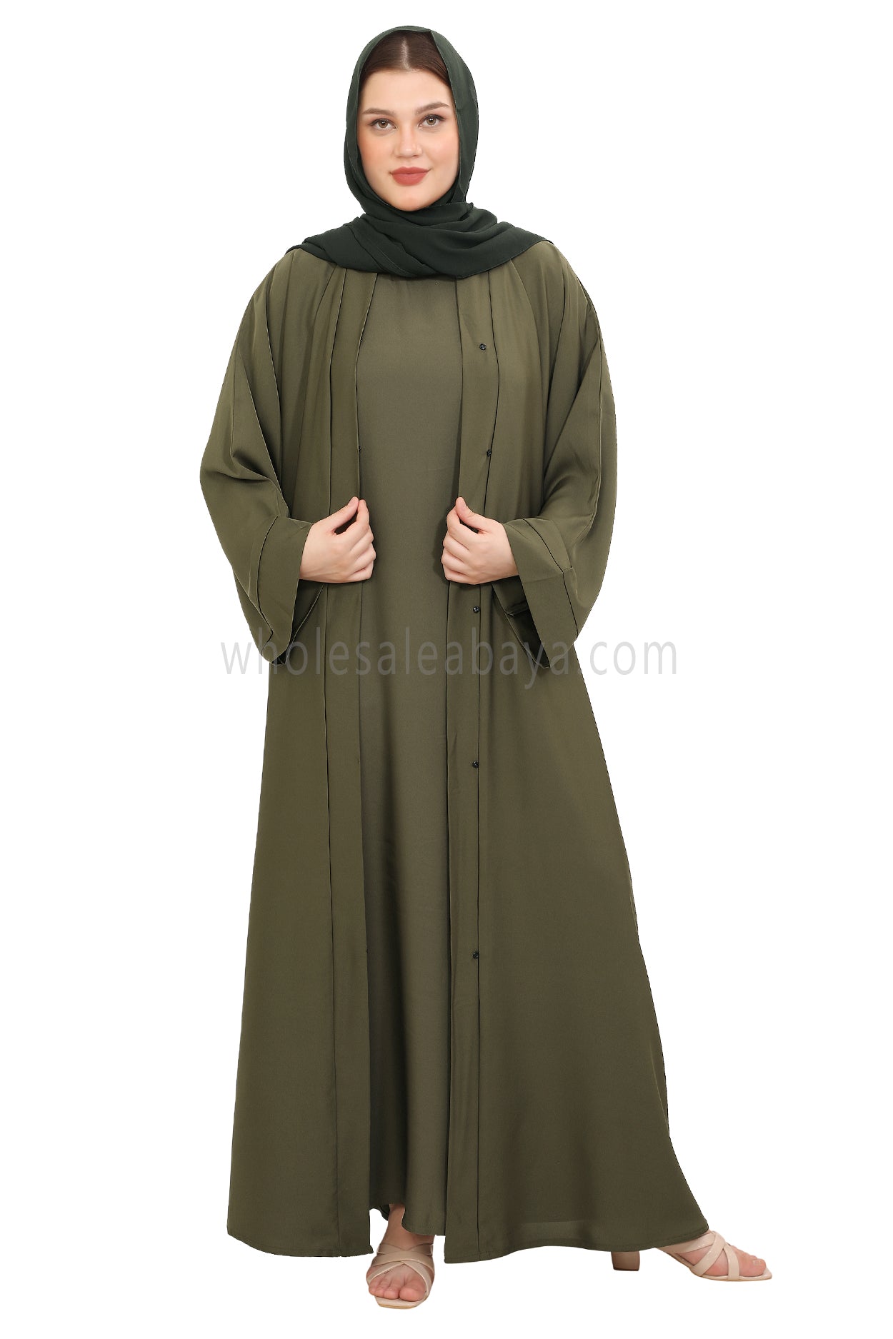 Front Open Nida Abaya with Buttons 30051 Olive Green