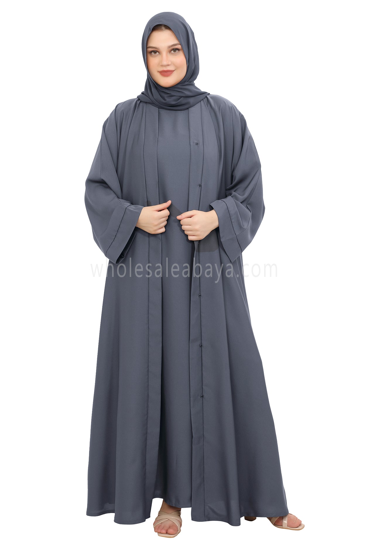 Front Open Nida Abaya with Buttons 30051 Charcoal Grey