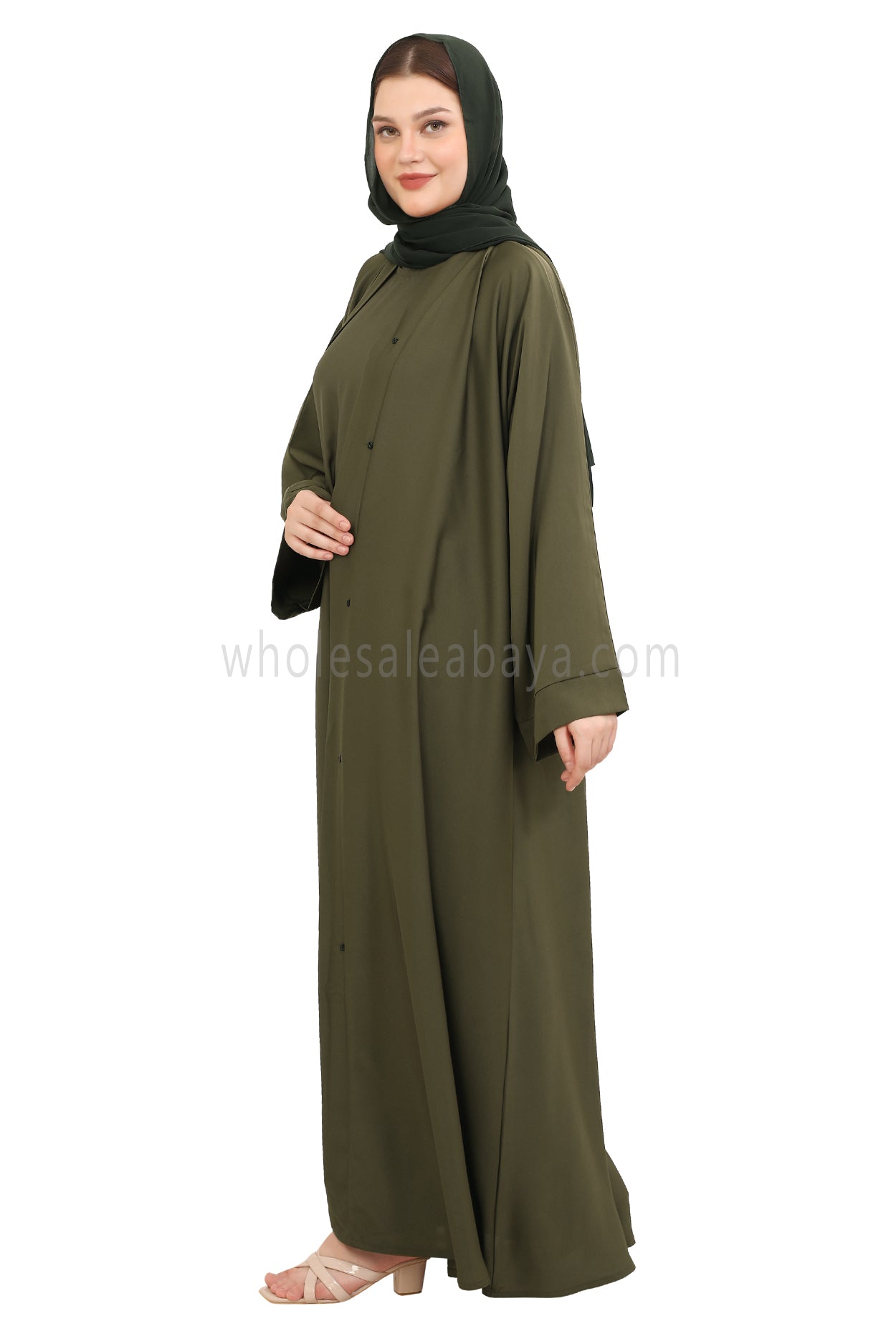 Front Open Nida Abaya with Buttons 30051 Olive Green