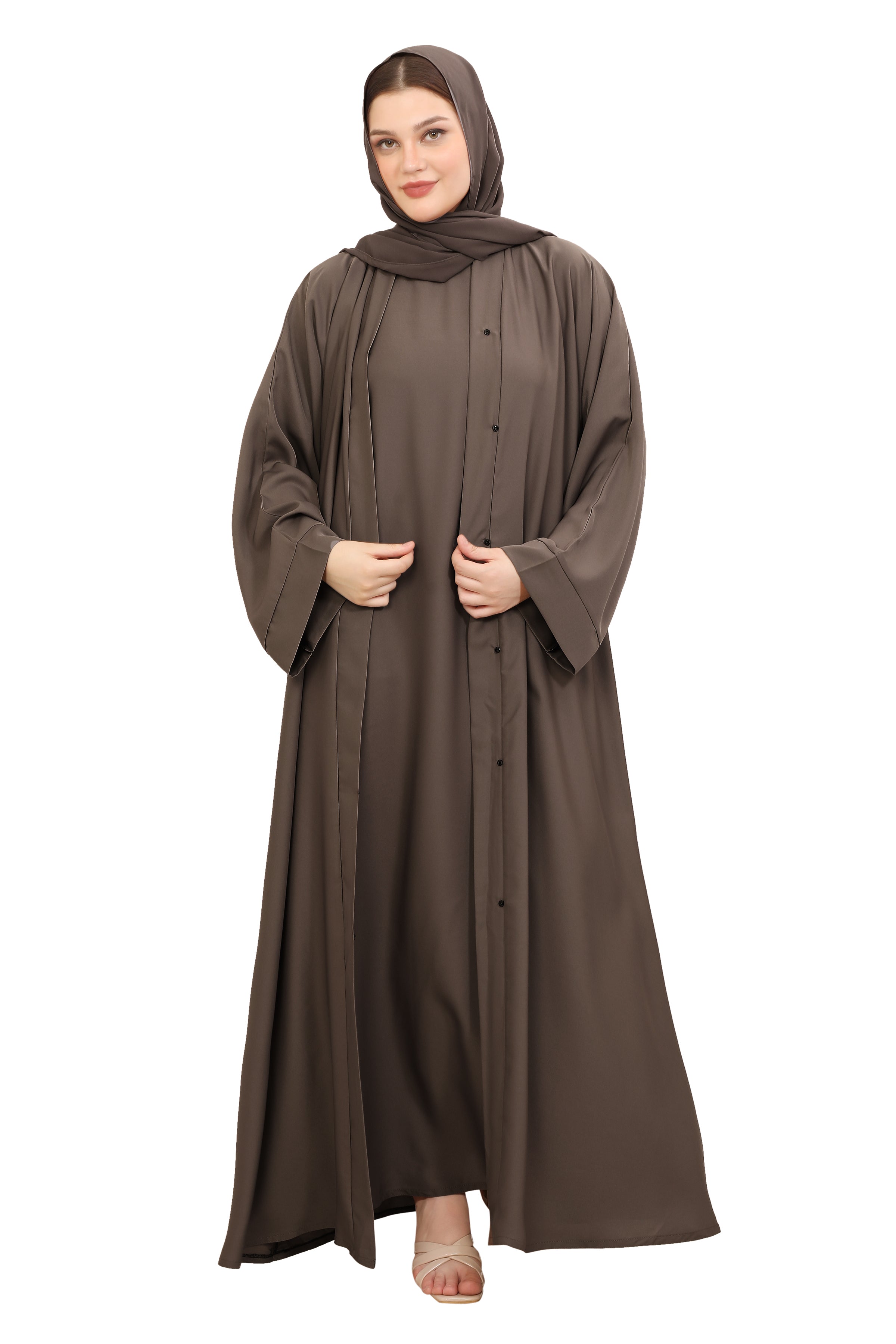 Front Open Nida Abaya with Buttons 30051 Mocha Brown