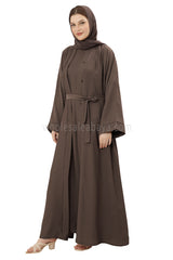 Front Open Nida Abaya with Buttons 30051 Mink Brown