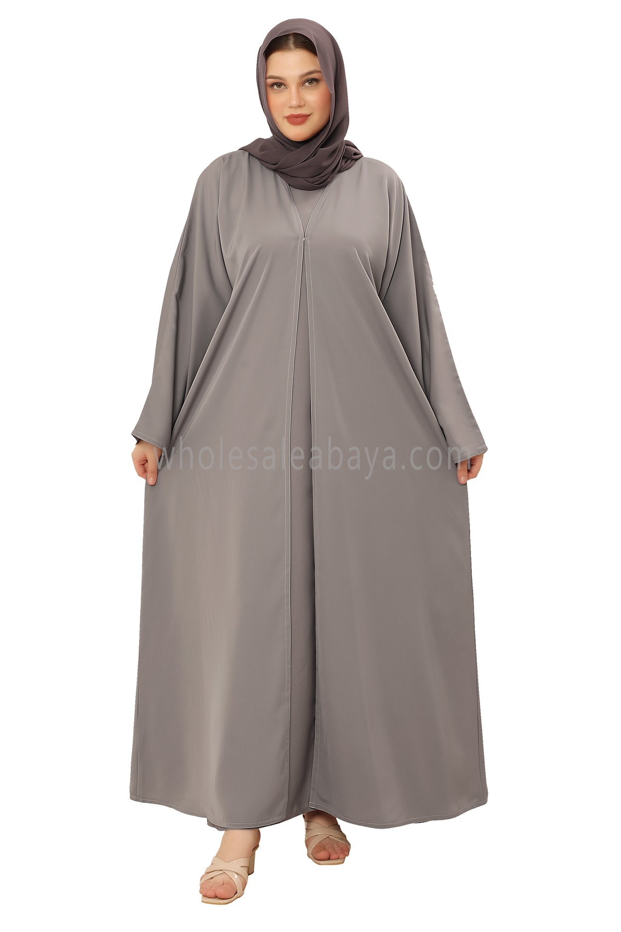Front Open Nida Abaya With A Single Button 30051 Light Grey