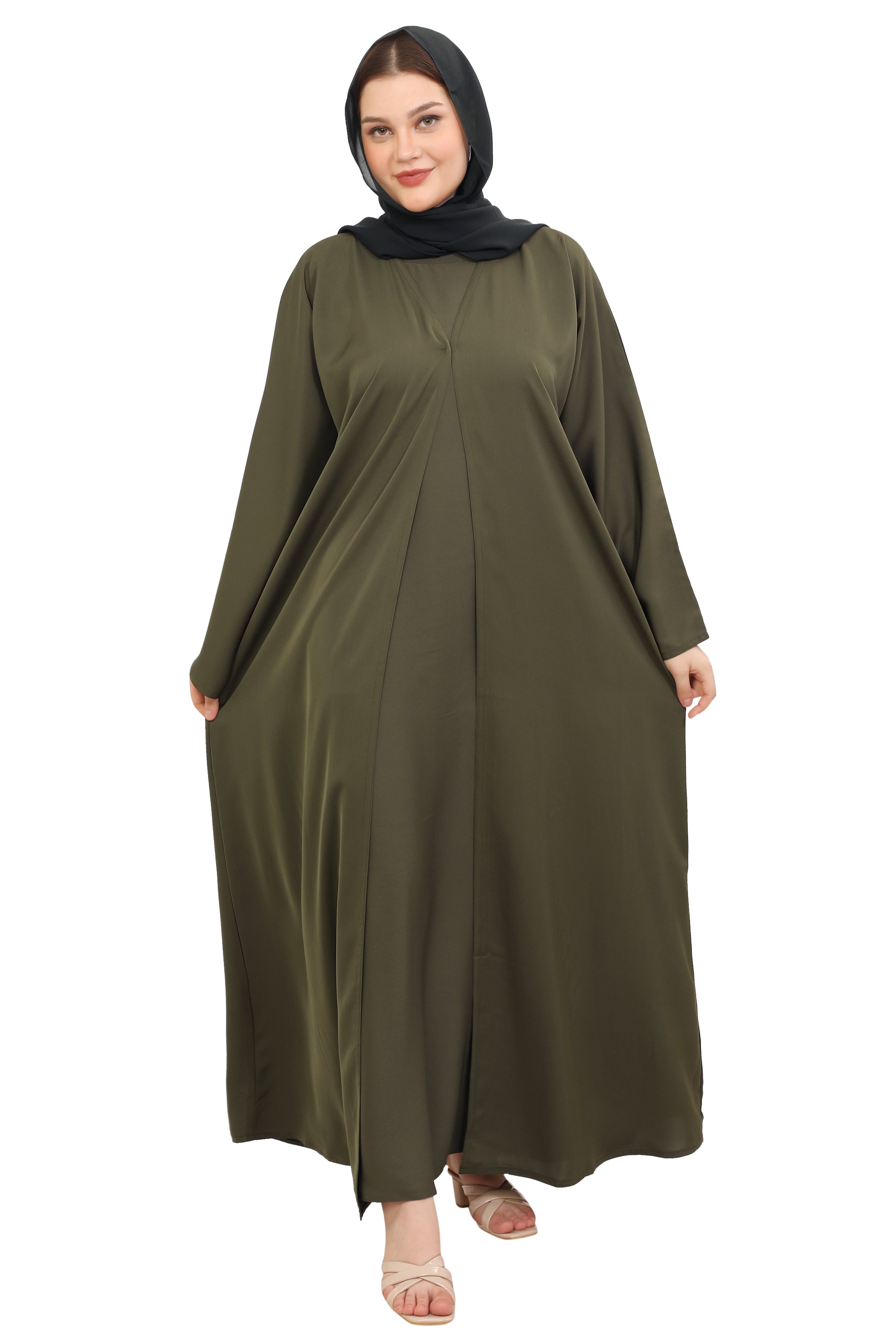 Front Open Nida Abaya With A Single Button 30051 Olive Green